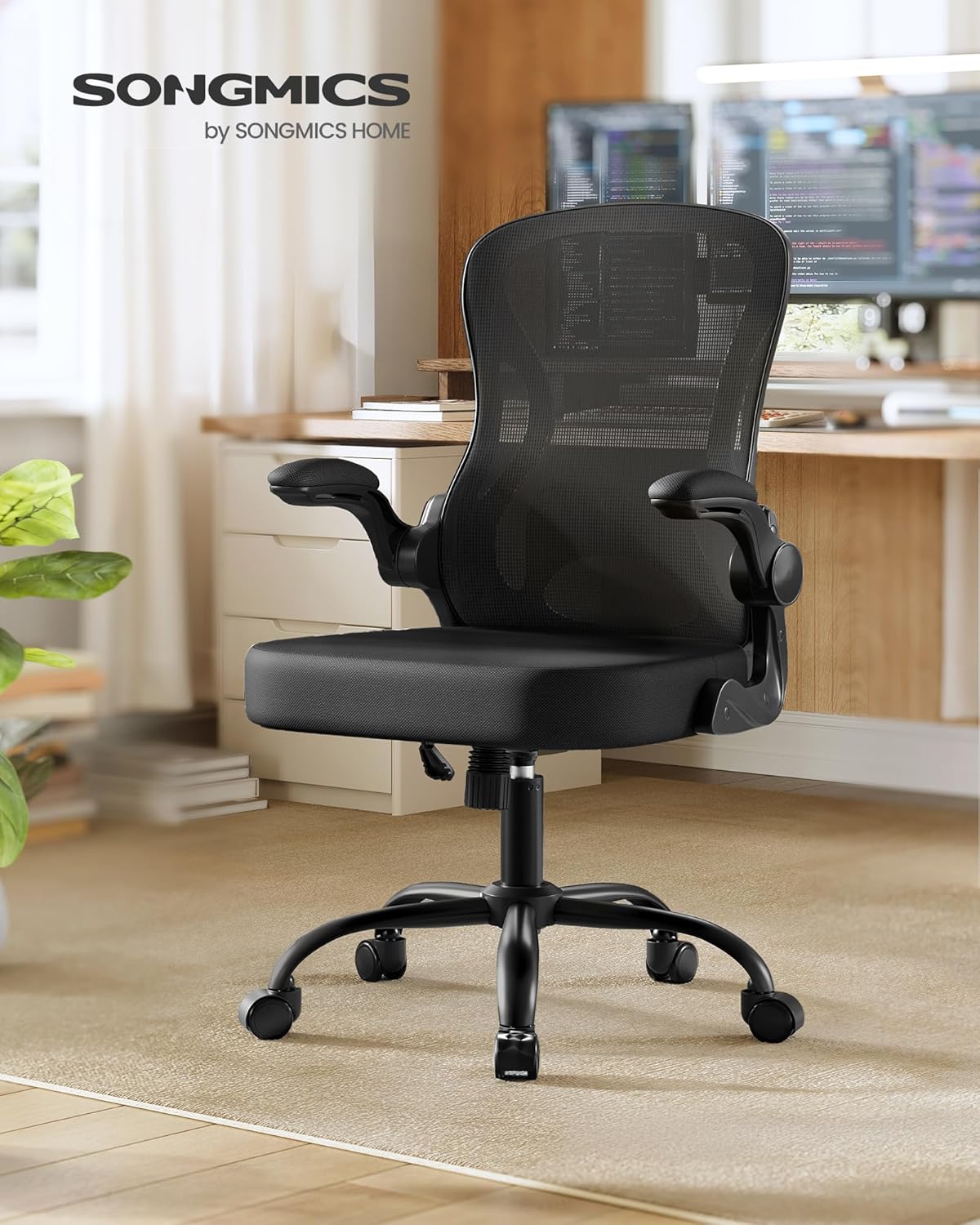 SONGMICS Bürostuhl, ergonomischer Netzdrehstuhl, Schreibtischstuhl mit Lordosenstütze, Wippfunktion, klappbare Armlehnen, für Arbeitszimmer, Schlafzimmer, Tintenschwarz OBN042BH02 – Bild 3