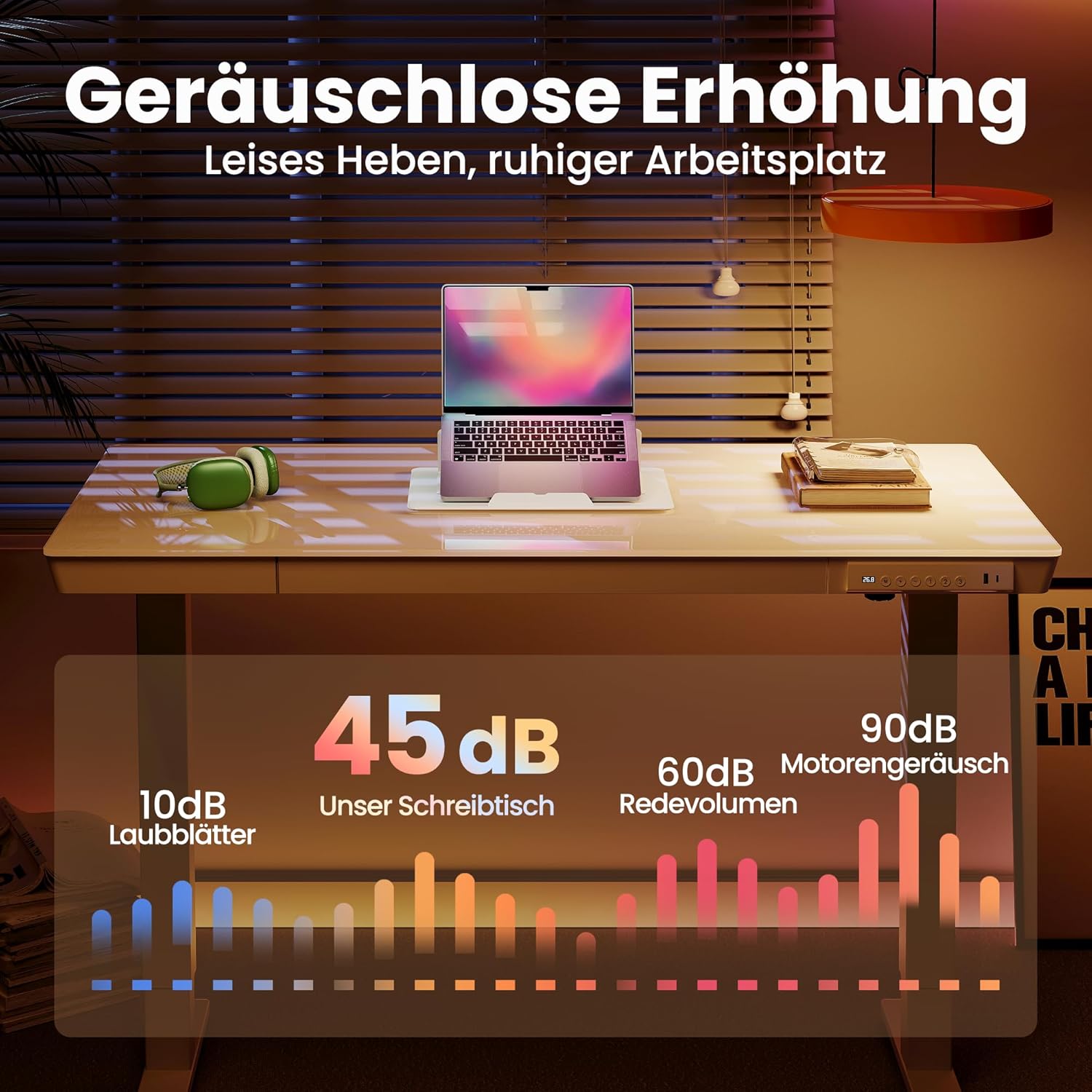 HUANUO 88 x 50 cm höhenverstellbarer Schreibtisch aus Glas mit Schublade, höhenverstellbarer Schreibtisch, ganze Tischplatte, USB-Ladeanschluss und 3 Speicherfunktionen, Weiß – Bild 11
