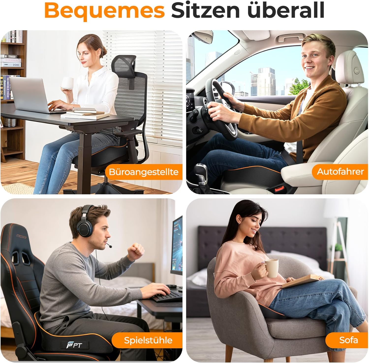Sitzkissen – bequemes Sitzkissen für Bürostühle, Autositze, Rollstuhl, Gaming-Stuhl, bequeme Unterstützung für langes Sitzen, atmungsaktiv mit rutschfester Unterseite (schwarz) – Bild 5