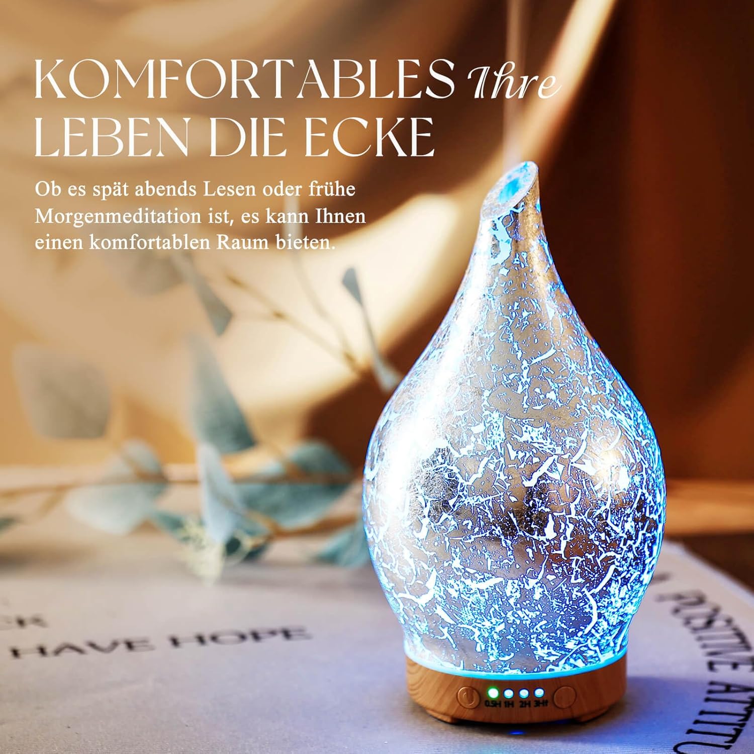 Porseme Aromadiffusor 150 ml, Luftbefeuchter aus mundgeblasenem Glas, Ultraschall-Aromatherapie-Öldiffusor mit 7 farbigen LED-Lichtern, Diffusor für ätherische Öle mit Timer, BPA-frei für Zuhause (versilbert) – Bild 5