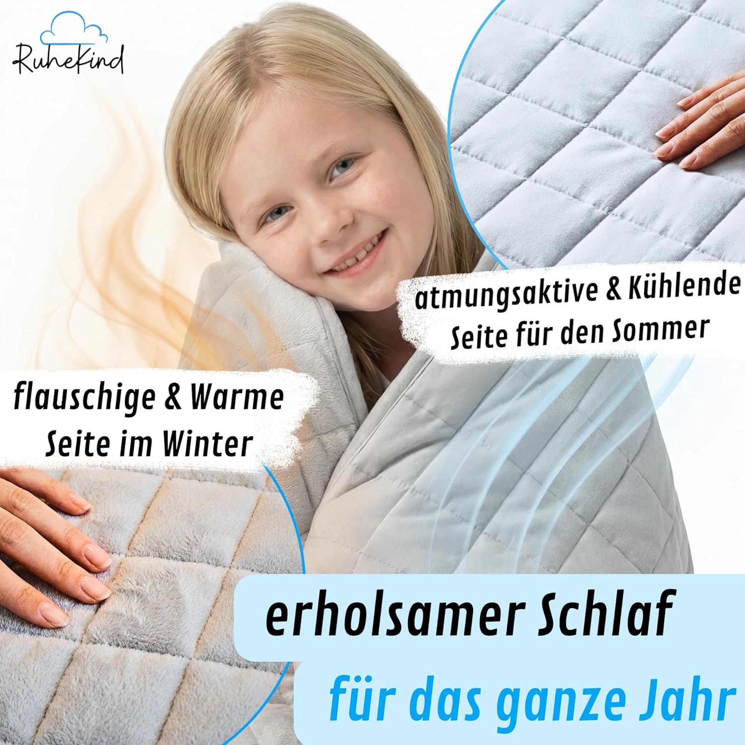 Gewichtsdecke Kinder 100 x 135 cm 2,5 kg – Öko-Tex 100 zertifiziert, Therapiedecke Kinder mit 2 Seiten für Winter & Sommer & optimale Gewichtsverteilung – Bild 7