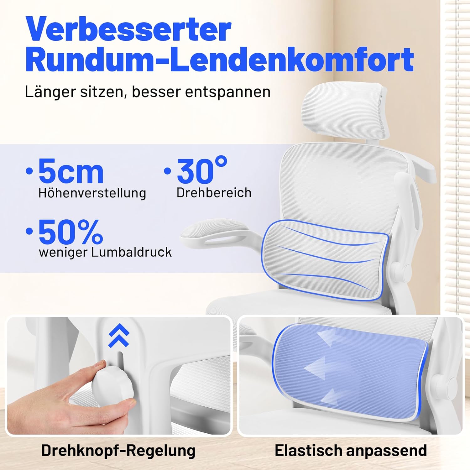 Ergonomischer Bürostuhl mit Kopfstütze, verstellbarer Lordosenstütze & Netzbezug, höhenverstellbarer Drehstuhl bis 150 kg, Computerstuhl ideal für Büro und Home Office, Weiß – Bild 4