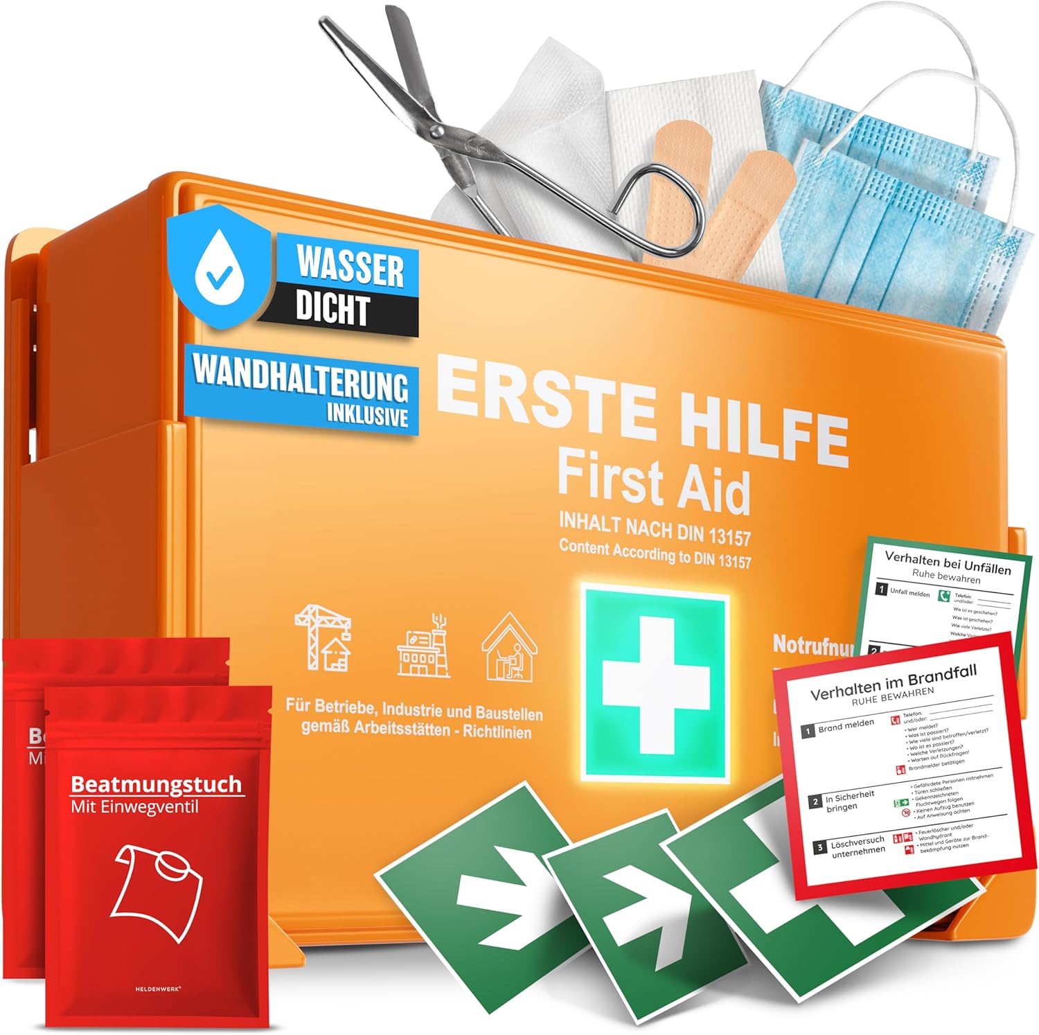 HELDENWERK Erste-Hilfe-Kasten Version 2026 (DIN 13157:2021) inklusive Wandhalterung & 5 x Aufkleber | Erste-Hilfe-Koffer für Büro, Haushalt & Gastronomie – Einsatz-Erste-Hilfe-Kasten gefüllt, Sanitätskasten