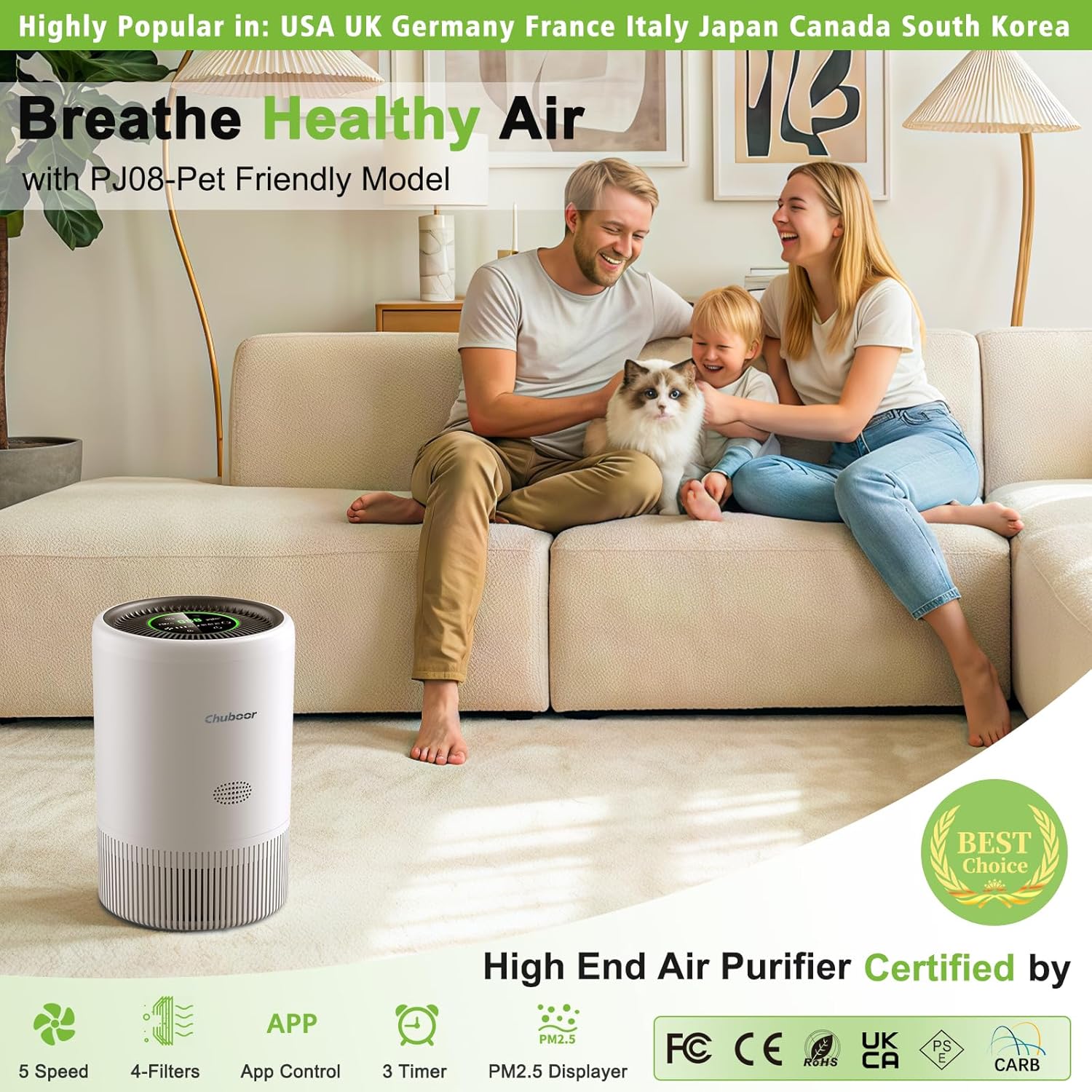 Luftreiniger für Allergiker, Luftreiniger 3 Geschwindigkeiten, 25 dB HEPA-Luftfilter gegen Schimmel, Staub und Tierhaare, 305 m³/h CADR für Schlafzimmer bis 120 m², Luftqualitätsanzeige, Auto-Modus – Bild 2