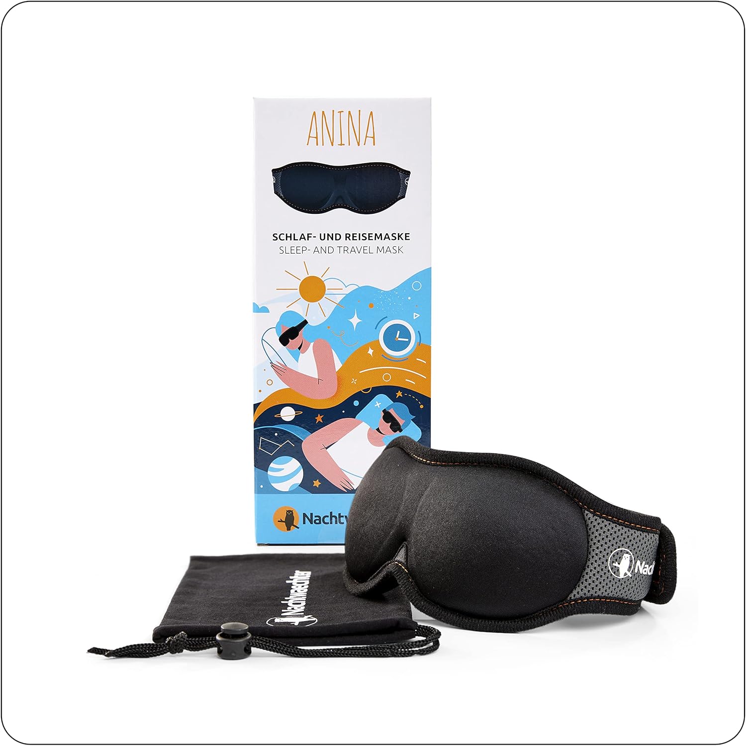 Nachtwaechter 3D-Schlafmaske Anina, 100 % verdunkelnd, super bequeme Schlafmaske, perfekt für unterwegs, individuell anpassbar, inklusive praktischer Aufbewahrungstasche, atmungsaktiv