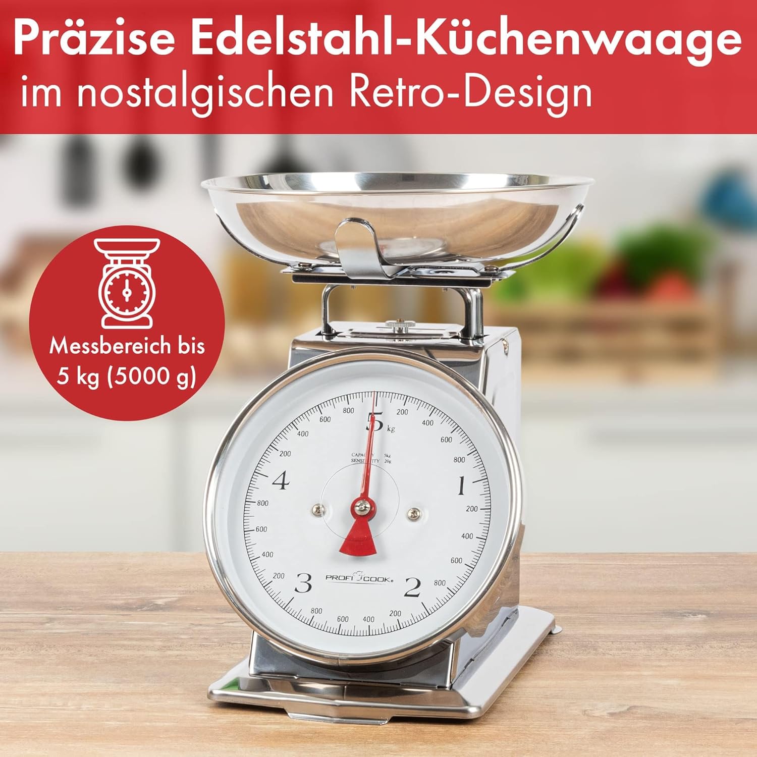 ProfiCook Küchenwaage ohne Batterie | Küchenwaage Retro Analog | Bis 5 kg mit Tara-Funktion | Waage für die Küche ohne Batterie/Strom | Inklusive Edelstahlschüssel | Retro Küchenwaage PC KW 1247 – Bild 2