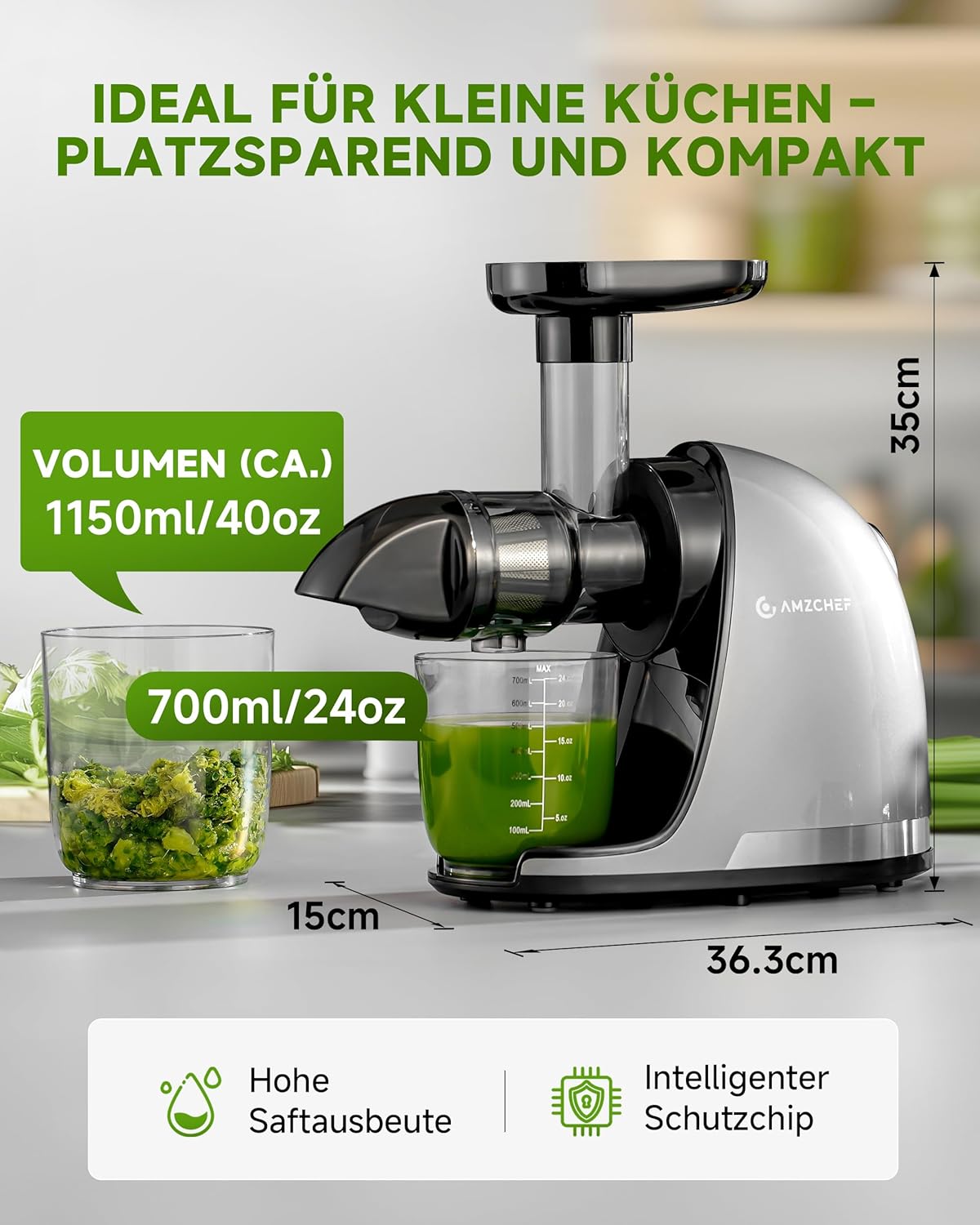 AMZCHEF Slow Juicer Gemüse und Obst, professioneller Entsafter mit leisem Motor & Rückwärtsfunktion & Saftkrug & Reinigungsbürste (150 Watt/Silber) – Bild 3