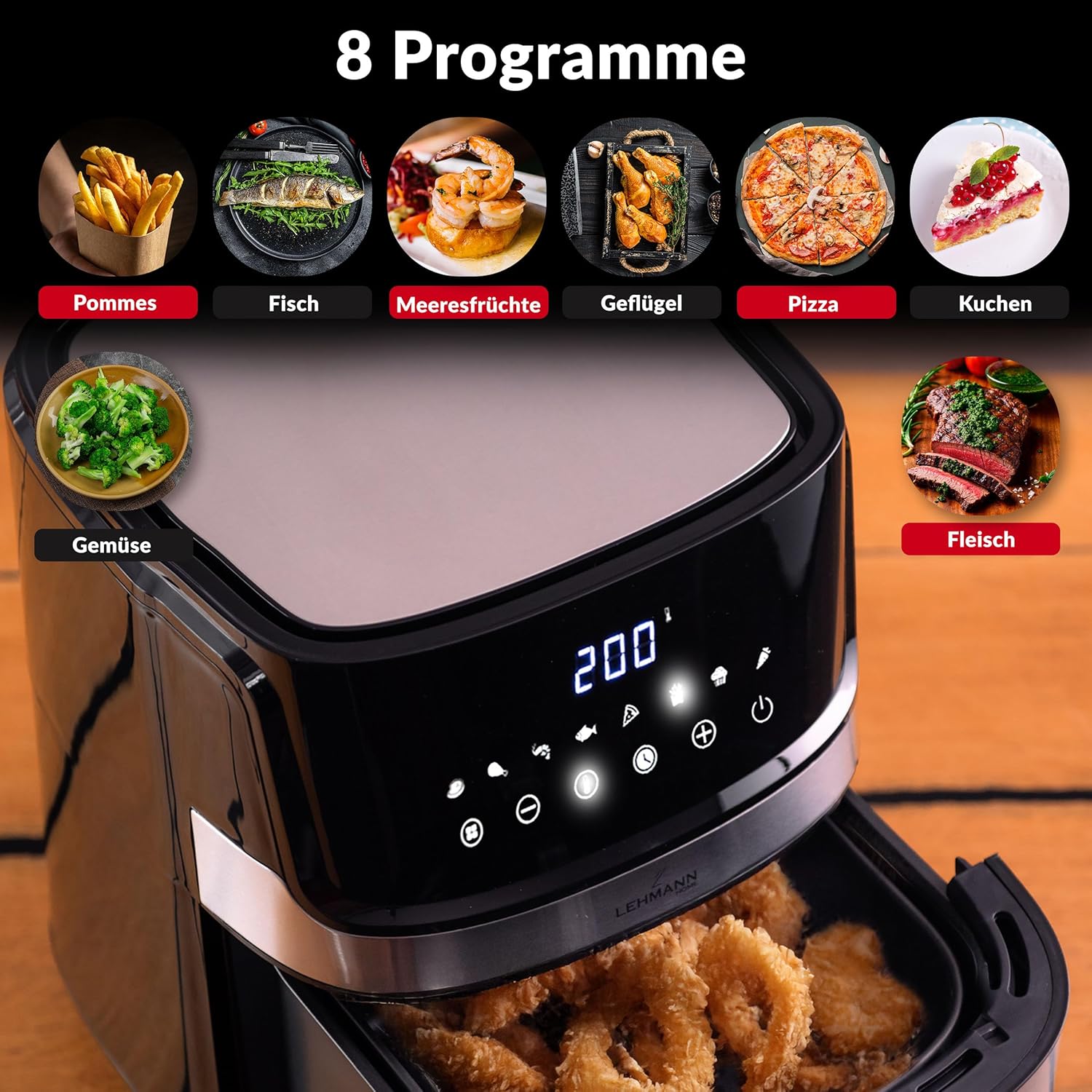 LEHMANN Heißluftfritteuse XL 6,5 l, 8 Programme, große Metallkammer, Digitalanzeige, Timer, Antihaftbeschichtung, spülmaschinenfester Korb, 80–200 °C, Heißluftfritteuse ohne Öl für die Familie – Bild 4
