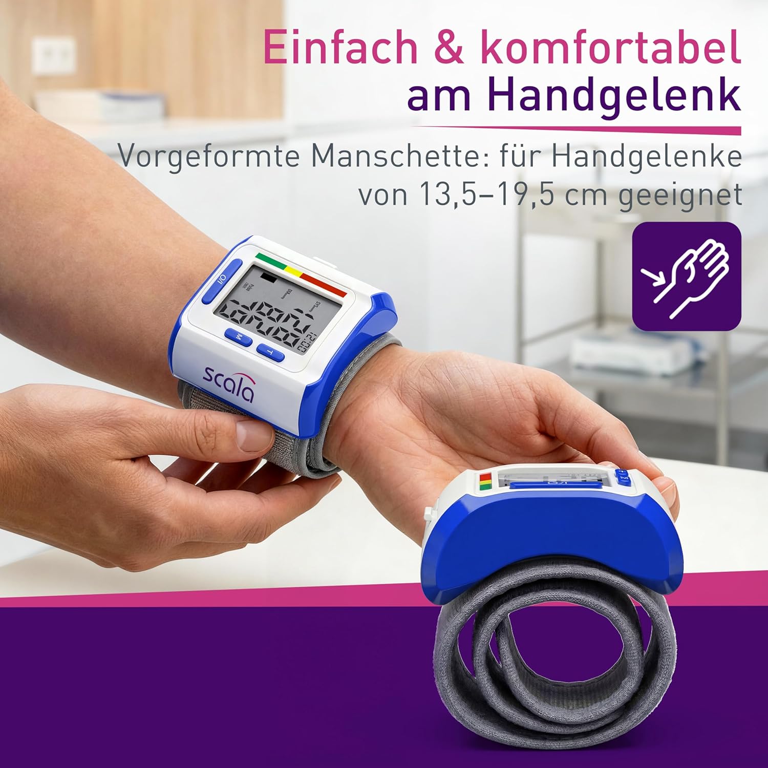 scala SC 6400 Blue Handgelenk-Blutdruckmessgerät – Präzises Blutdruckmessgerät mit WHO-Anzeige und 85 Speicherplätzen – Fuzzy-Logic-Technologie – inklusive Box und Batterien – Manschette 13,5–19,5 cm – Bild 2