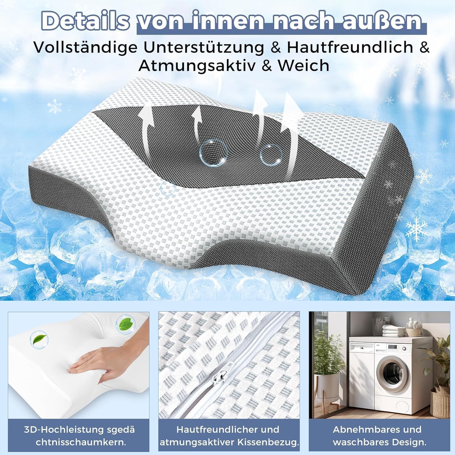 Nackenstützkissen gegen Nackenschmerzen, orthopädisches Kissen, ergonomisches Memory-Schaum-Nackenkissen mit 2 Höhen, Hohlraum und Kühlbezug, für Seiten- und Rückenschläfer – Grau – Bild 4