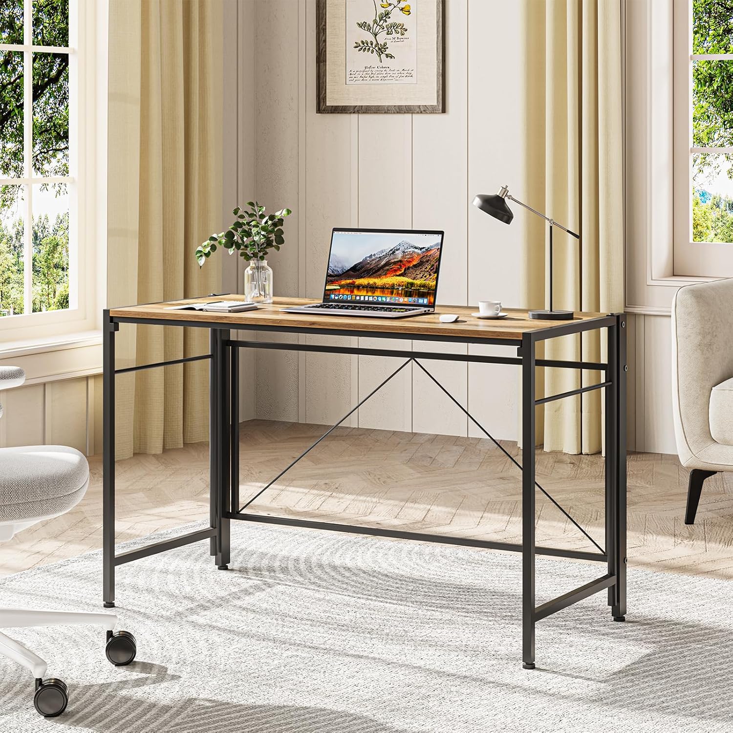 Dripex XXL Klappschreibtisch, 110 x 50 cm, klappbarer Computertisch mit Stahlrahmen, platzsparender PC-Tisch, wasserdichte Tischplatte für Zuhause, Büro, Arbeitszimmer (Eiche) – Bild 2