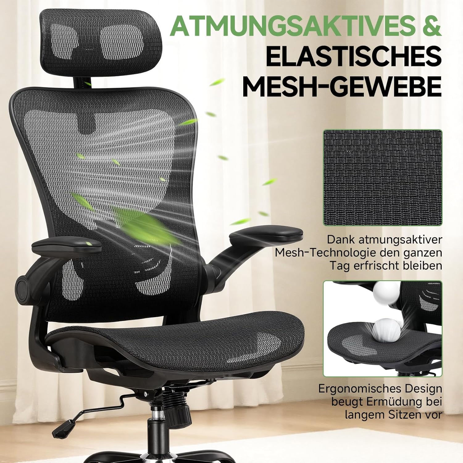 GTPLAYER Ergonomischer Bürostuhl mit verstellbarer Kopfstütze, Armlehnen, Lordosenstütze, Bürostuhl & Gaming-Stuhl, Wippfunktion, Mesh-Chefsessel, 150 kg (Schwarz) – Bild 3
