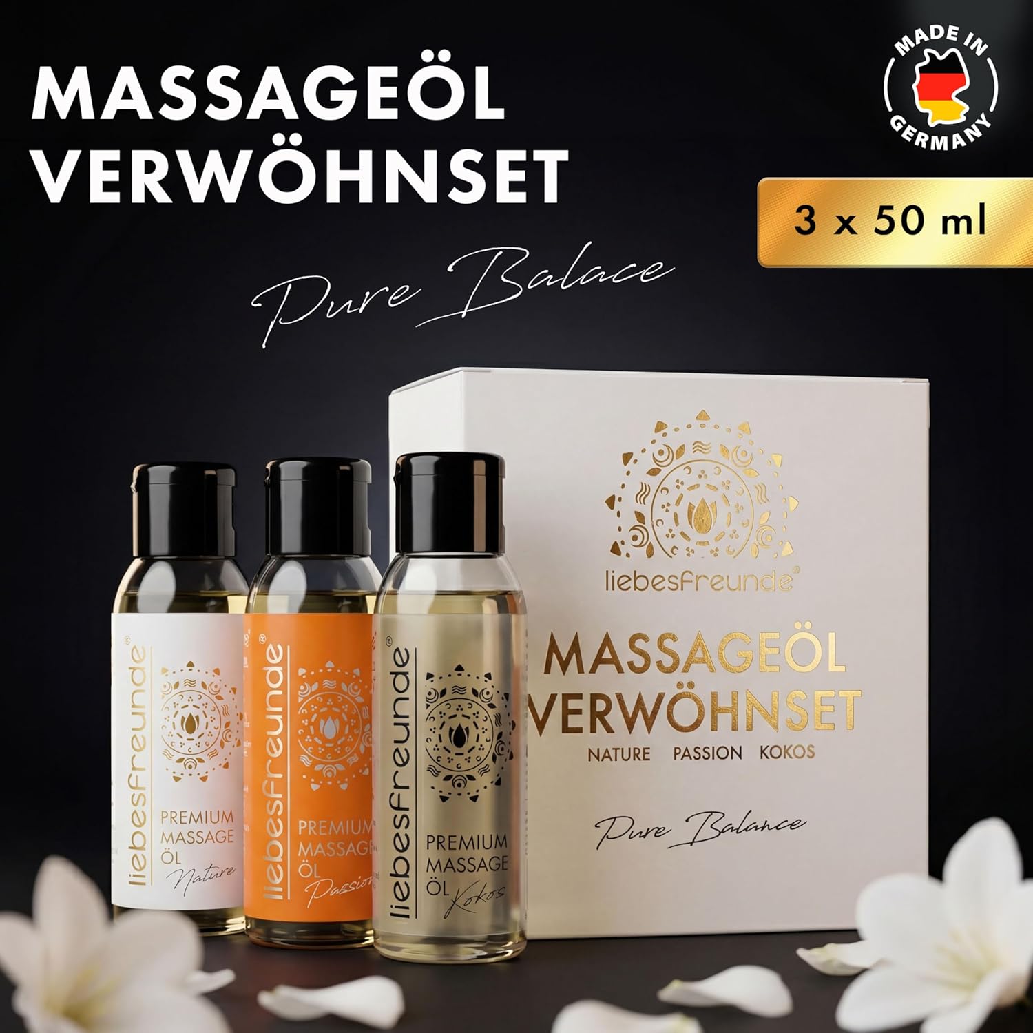 Liebesfreunde Wellness Geschenkset für Damen – 3 x 50 ml Massageöl Geschenkbox für weibliche Dame, Geschenkset, Massageöl Geschenkidee zum Jahrestag, Geburtstag, Valentinstag, Weihnachten – Bild 2