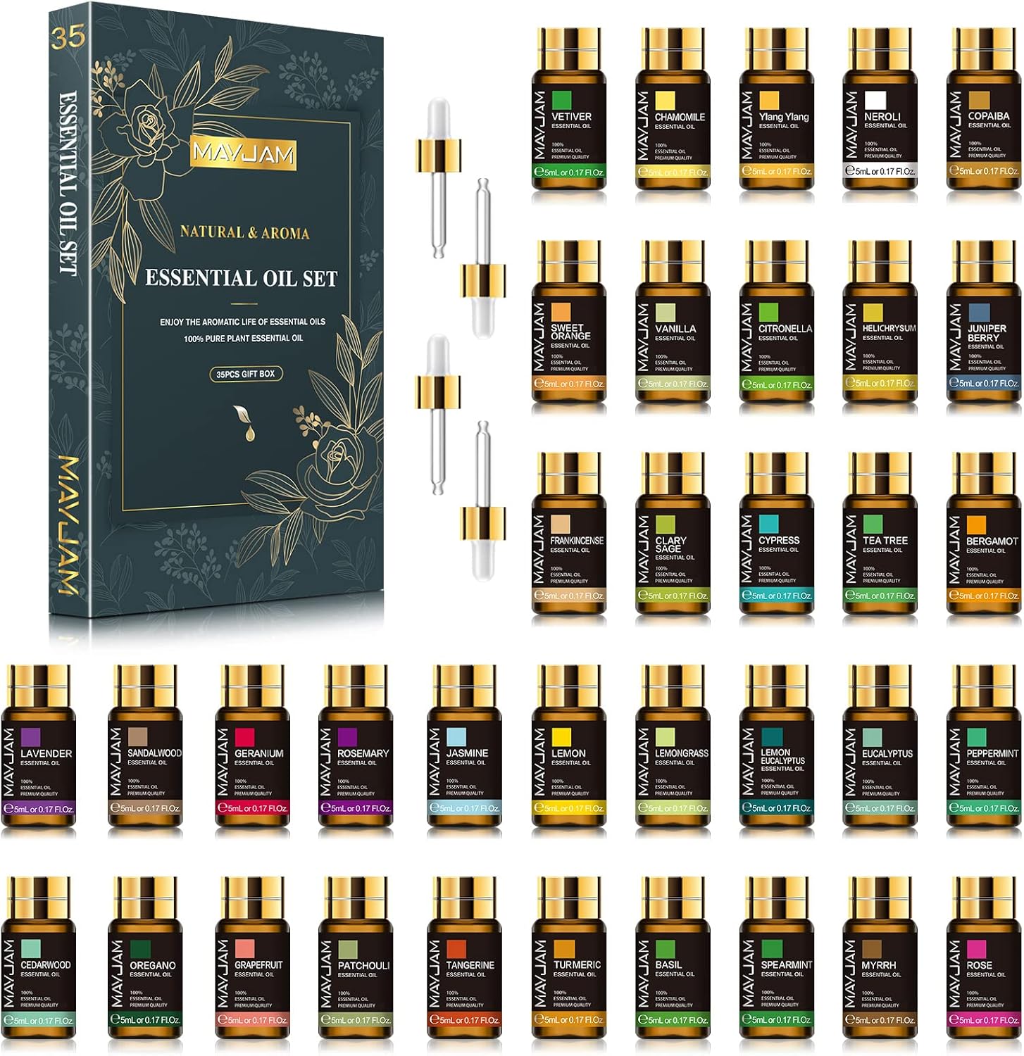 MAYJAM Set mit ätherischen Ölen 35 x 5 ml, ätherische Öle für Diffusor, Aromatherapie-Duftöl-Geschenkset, natürliches reines ätherisches Öl Lavendel, Eukalyptus, Vanille, Rose, Teebaum