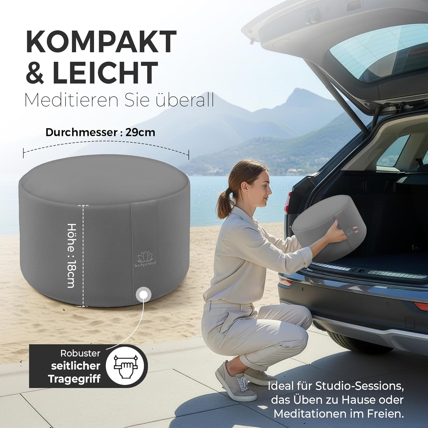 Body & Mind® Yogakissen Meditationskissen Bodensitzkissen Auflage für Meditation & Yoga; Waschbarer Bezug und atmungsaktive Premium-Füllung; 18 cm Sitzhöhe – Bild 4