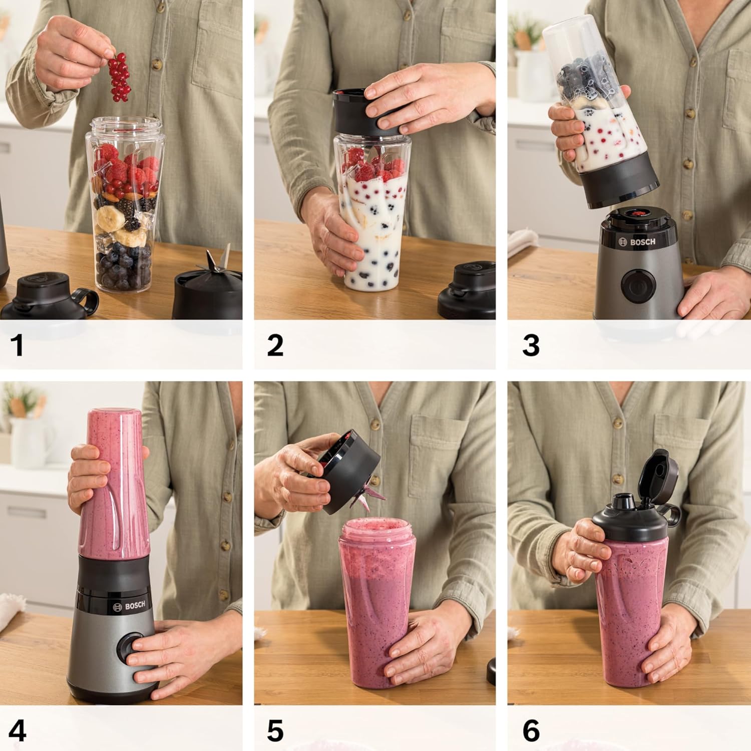 Bosch VitaPower Series 2 MMB2111S Mini-Standmixer, Smoothie-Maker, Mini-Hochgeschwindigkeitsmixer, bis zu 40.000 U/min, 450 W, ToGo-Flasche, spülmaschinenfeste Teile, hergestellt in Europa, VitaPower Series 2 – Bild 7