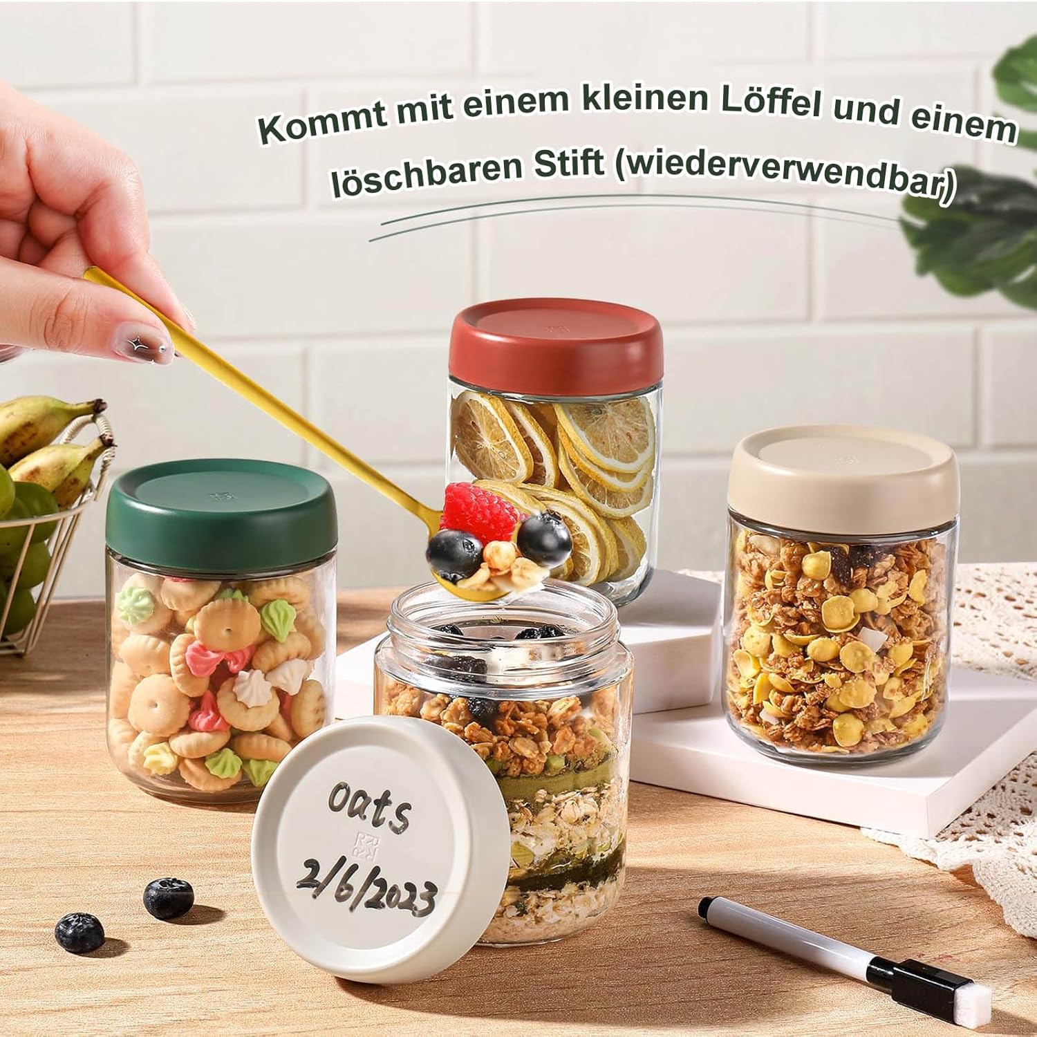 QIMYGIFT Overnight Oats Gläser mit Deckel, 500 ml Einmachgläser mit Schraubdeckel, Meal-Prep-Gläser für hausgemachte Marmelade, Babynahrung, Einlegen, Einkochen, Einmachglas, Sauerteig – Bild 3