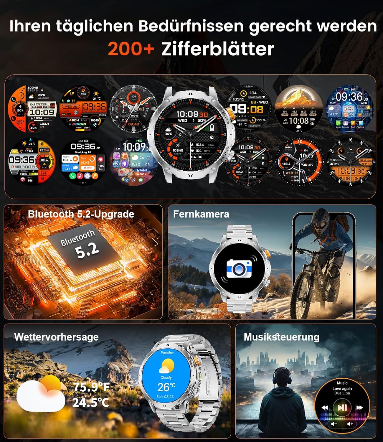 1000 mAh Militäruhr für Herren, 1,7-Zoll-Smartwatch für Herren mit über 110 Sportmodi, IP68-Display, Apple Bluetooth, 24-Stunden-Herzfrequenz, Android iOS-Gerät, 3 Armbänder, 2 Ladegeräte, EF24-D – Bild 7