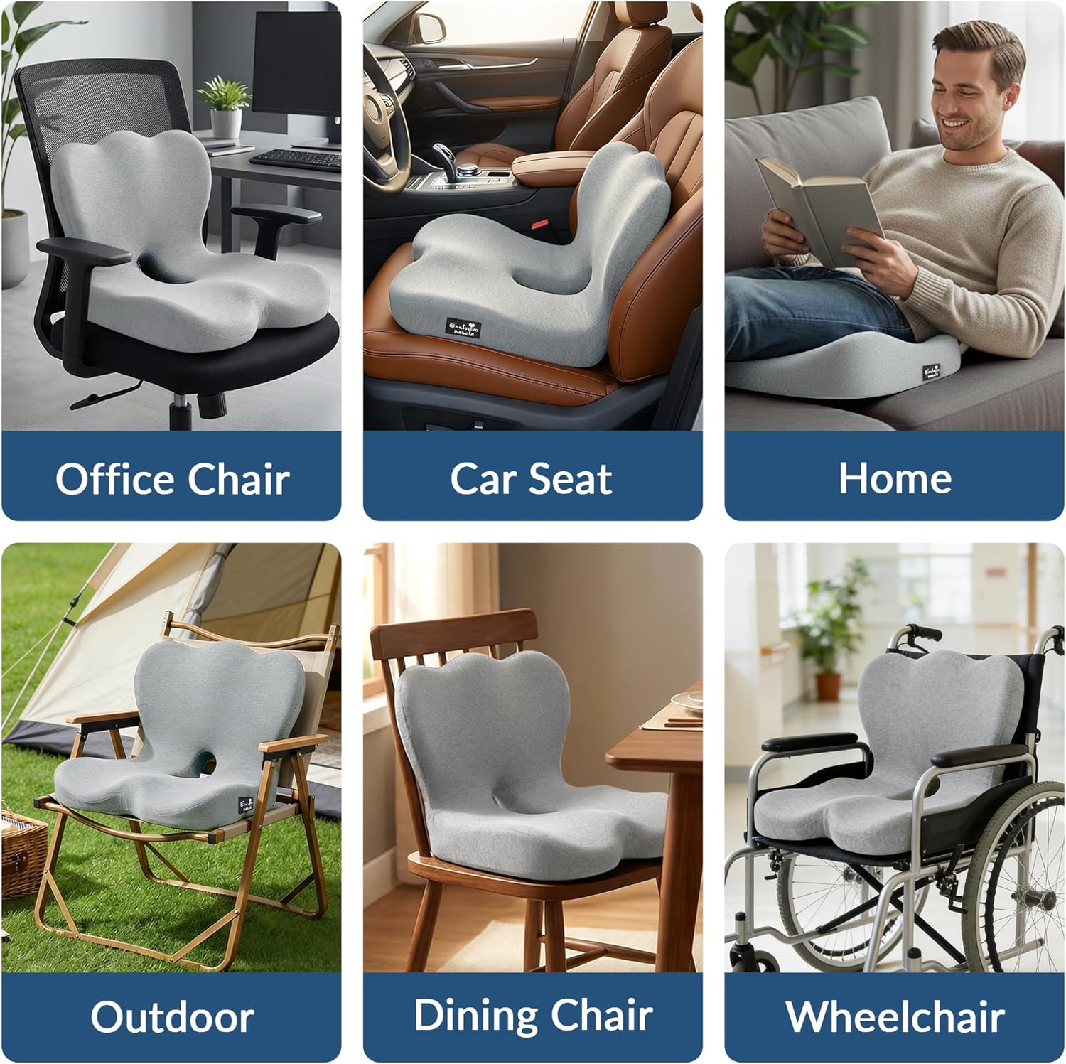 Exclusivo Mezcla Memory-Schaum-Rücken- und Sitzkissen, ergonomisches Lendenkissen für Bürostuhl und Autositz, rutschfester Sitzbezug zur Linderung von Steißbeinschmerzen und Rückenunterstützung, hellgrau – Bild 8