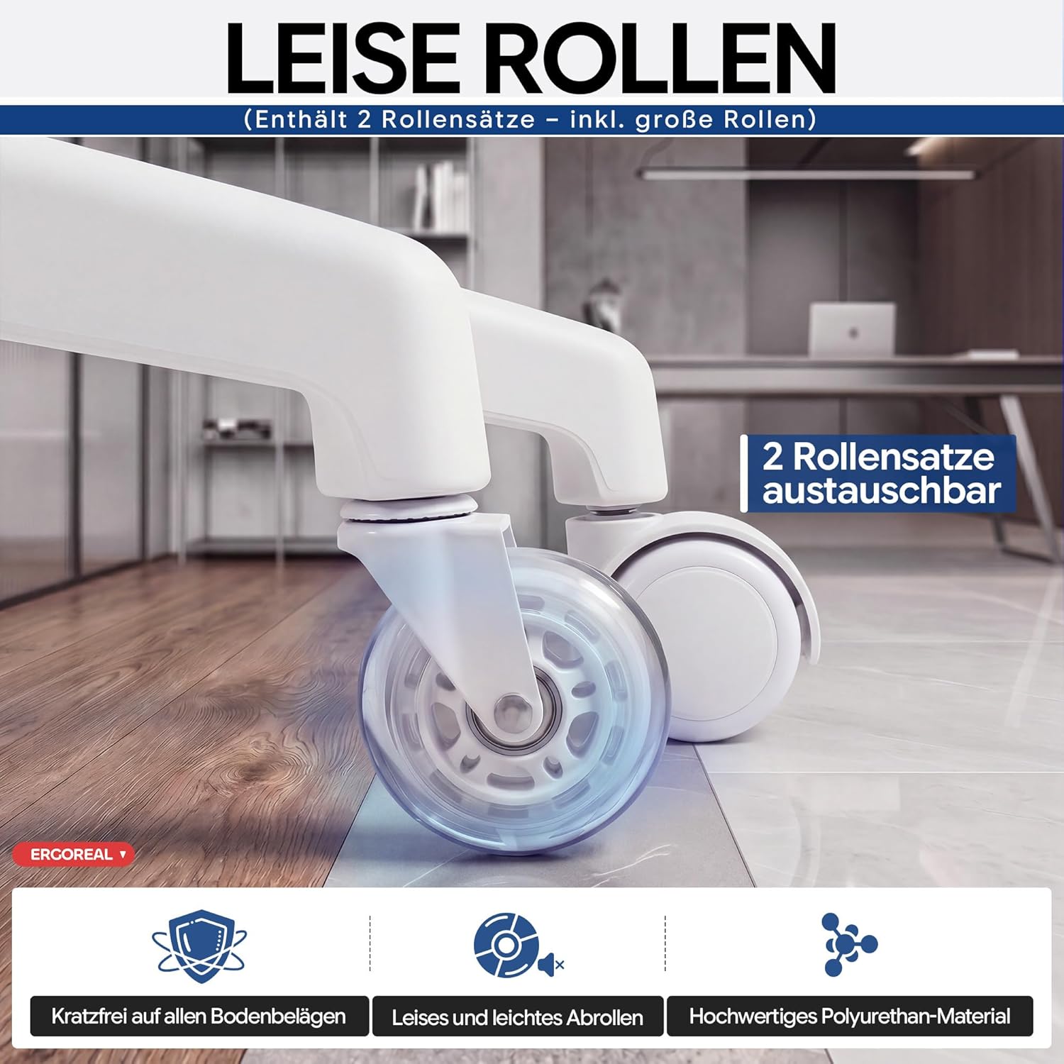 Ergonomischer Netz-Bürostuhl für das Heimbüro, mit verstellbarer Lordosenstütze & 2D-Kopfstütze, klappbaren Armlehnen, leisen PU-Rädern, stabiler Gasfeder Klasse 3, bis 150 kg (Grauweiß) – Bild 9