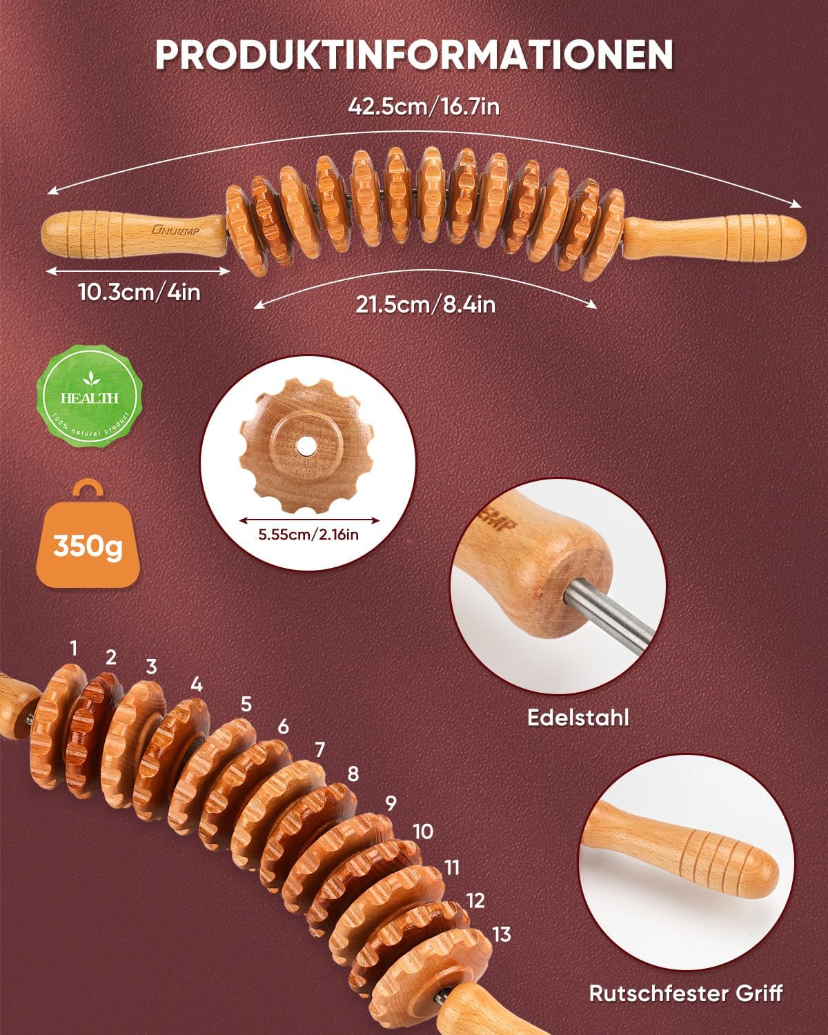 Faszienrolle Holzmassagegerät, Faszienstabrolle Holz, Massagerolle mit Griff, Massageholz Anti-Cellulite-Massagegerät, für Maderotherapie und Lymphdrainage 42,2 cm 350 g Buche – Bild 6