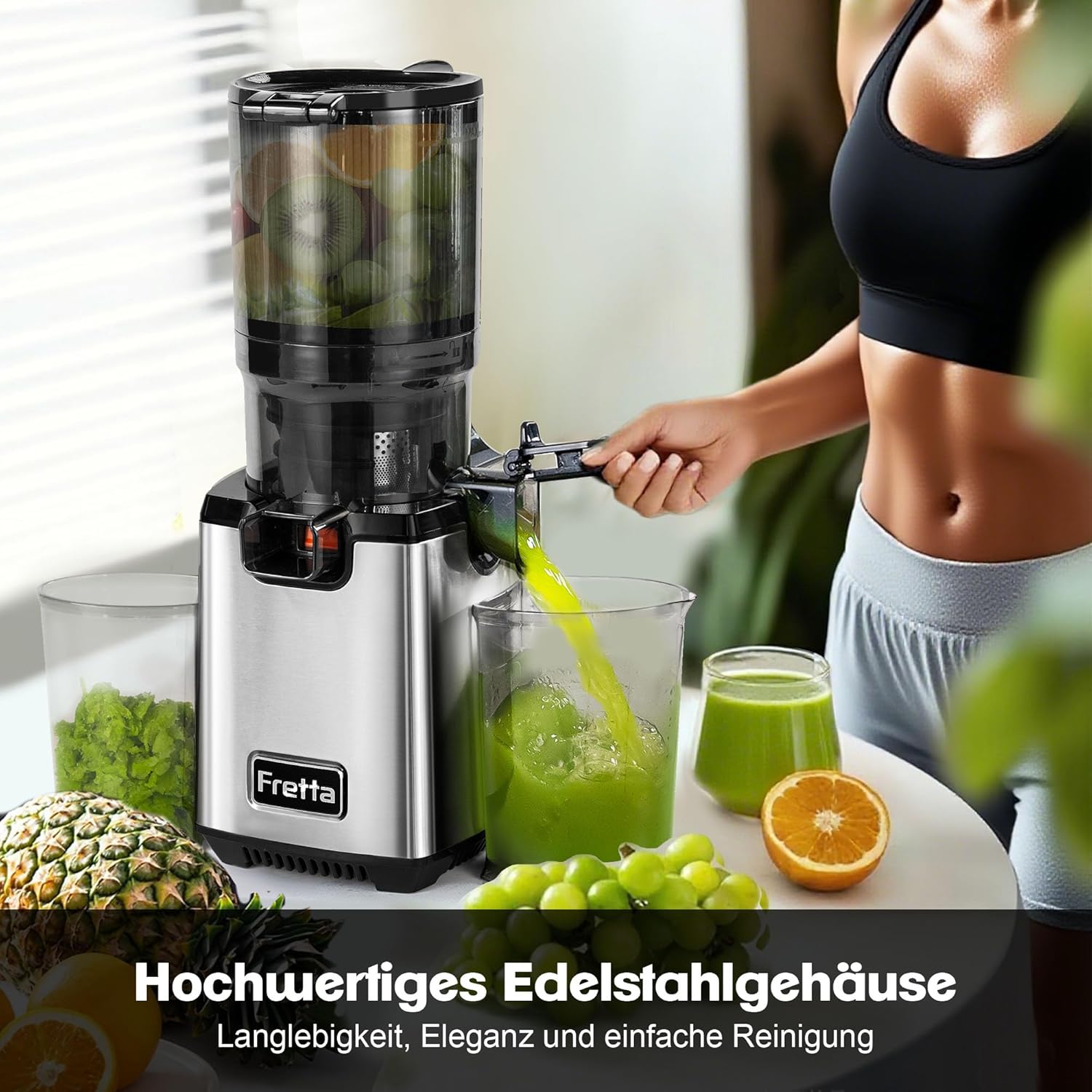 Fretta Entsafter Slow Juicer Entsafter Gemüse und Obst Testsieger, 250W Edelstahl Entsafter Maschine, elektrische Fruchtpresse, Kaltpressung, 130mm große Öffnung, leicht zu reinigen (Edelstahl) – Bild 8