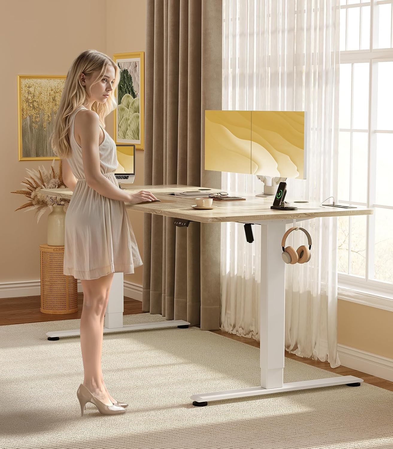 OffiGo höhenverstellbarer Schreibtisch, 200 x 80 cm, elektrischer Schreibtisch mit Steckdosen und USB-Ladeanschluss, Tisch höhenverstellbar mit 2 Memory-Funktionen, Computertisch für Büro, Zuhause, Beige – Bild 2