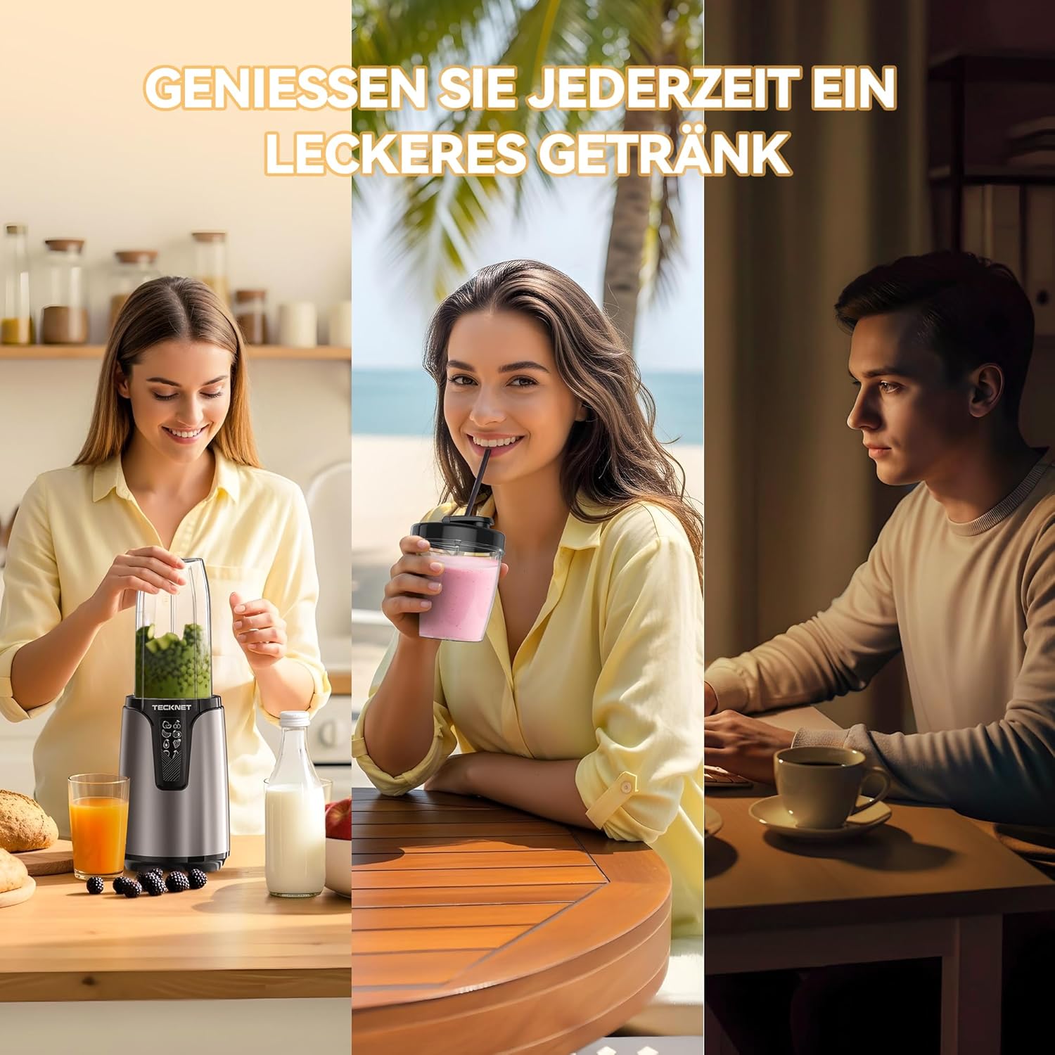 TECKNET 1000 W Smoothie Maker, Smoothie Mixer mit 2 BPA-freien Bechern (500 ml & 150 ml), Standmixer klein mit Kreuzklingen aus 304 Edelstahl, Smoothie Maker to Go für Milchshakes & Smoothie & Babynahrung – Bild 7