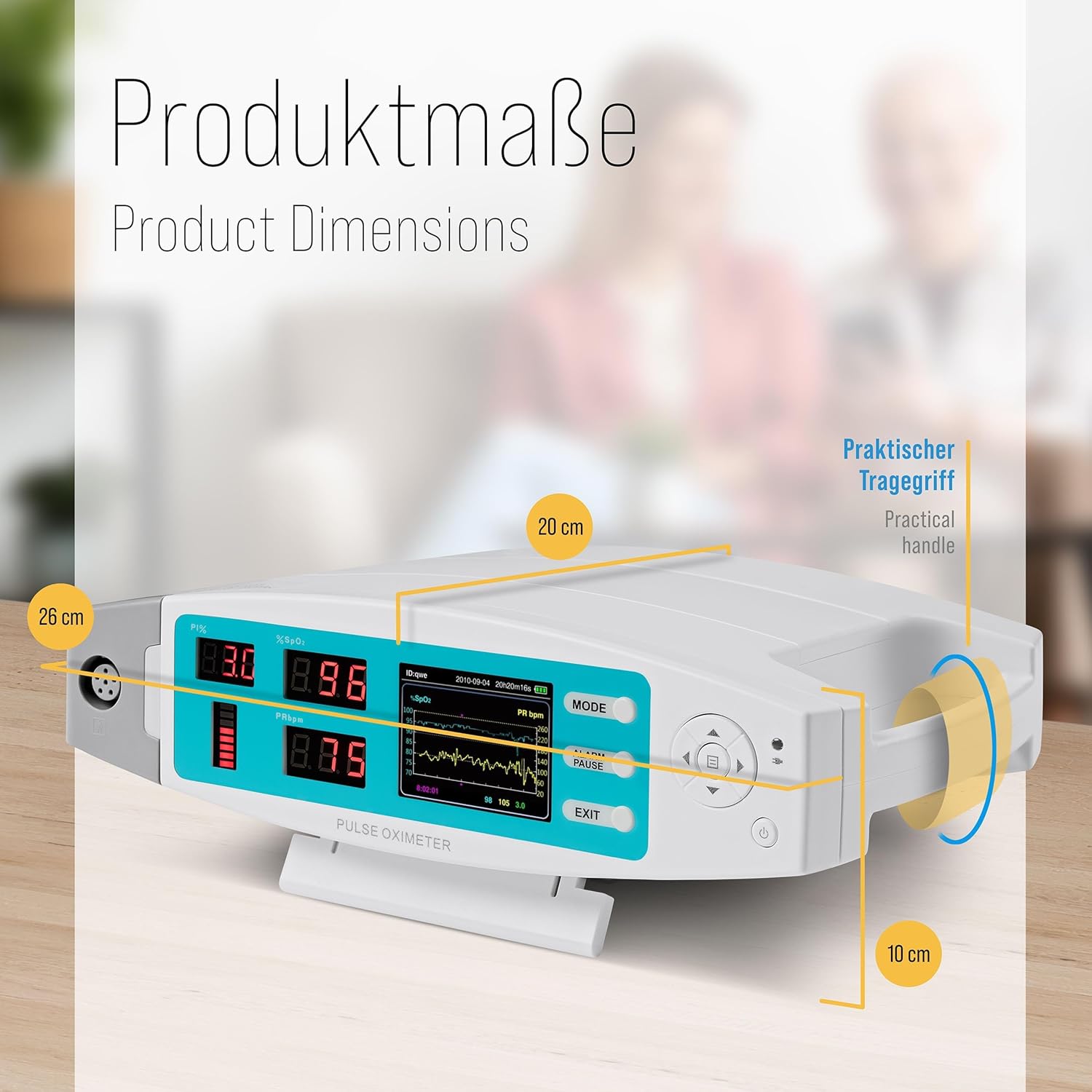 Pulox PO-900 Stationäres Pulsoximeter zur Messung von Sauerstoffsättigung, Pulsfrequenz und PI-Wert – mit Alarm und Software – Bild 2