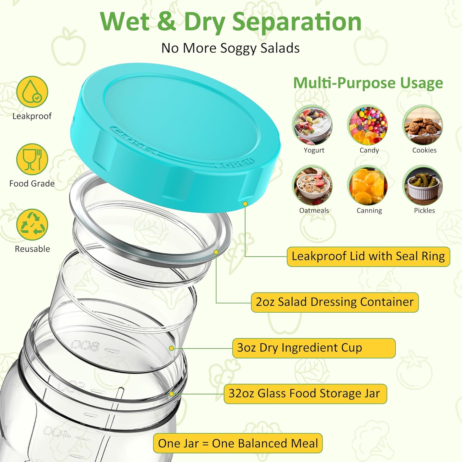 Meal-Prep-Gläser mit Deckel-Set, 4 x 950 ml Einmachgläser, auslaufsicherer/vertikal geschichteter Meal-Prep-Behälter, ideal zum Mitnehmen, für Salate, Marmelade, Overnight Oats und zum Öffnen von Fertiggerichten – Bild 3