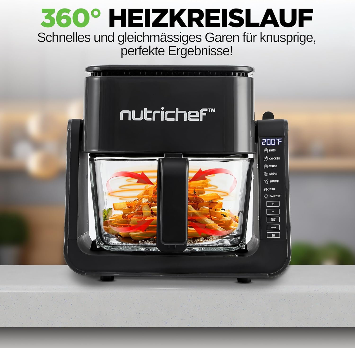 NutriChef Heißluftfritteuse 4L mit Grillfunktion 1500W Schwarz – Airfryer ohne Öl mit Sichtfenster, 7 Programmen, Glasbehälter für Familien & vielseitiges Kochen – Bild 4