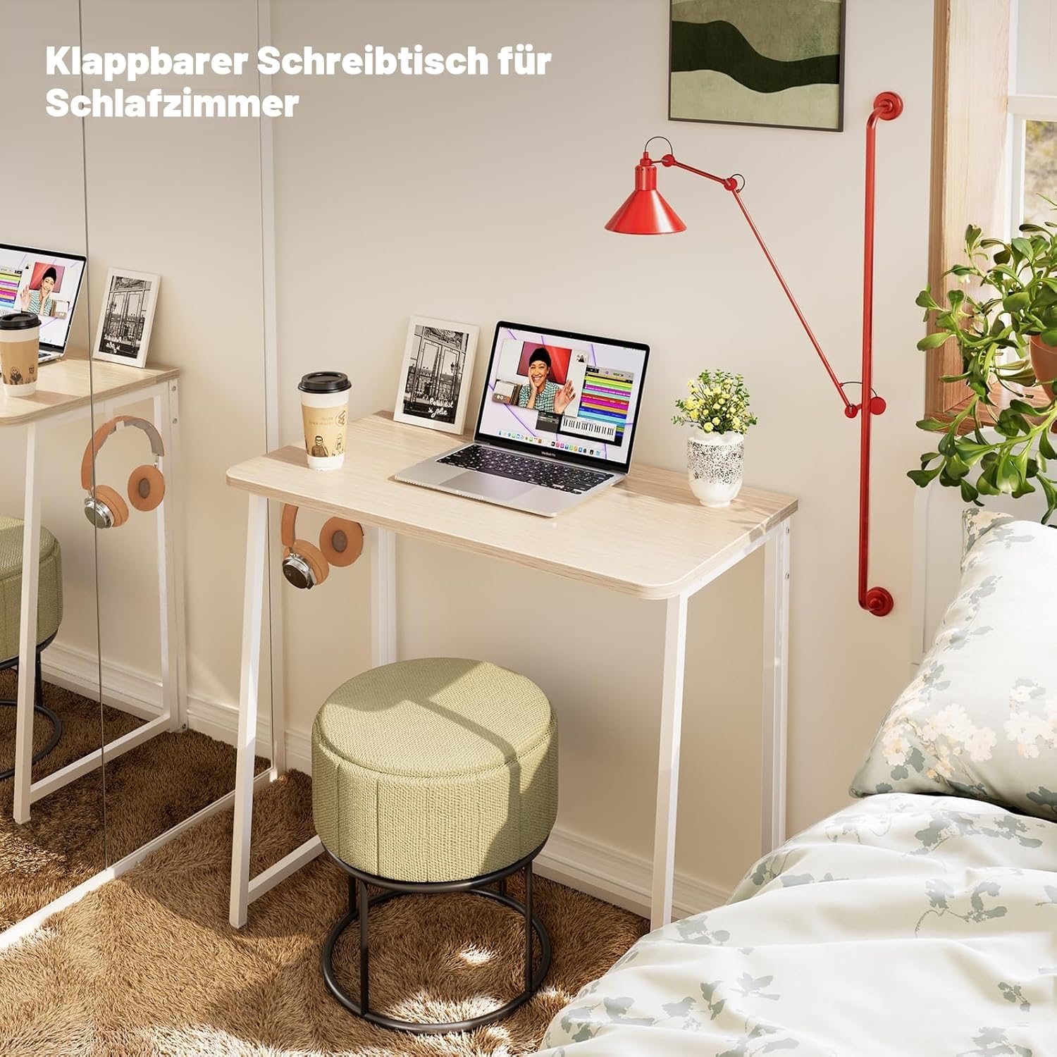 WOHOMO Kleiner Klappschreibtisch, 80 cm, Klappschreibtisch, kleiner Klapptisch, kleiner Computertisch für kleine Räume, Home-Office-Schreibtisch, schmal, Beige – Bild 4