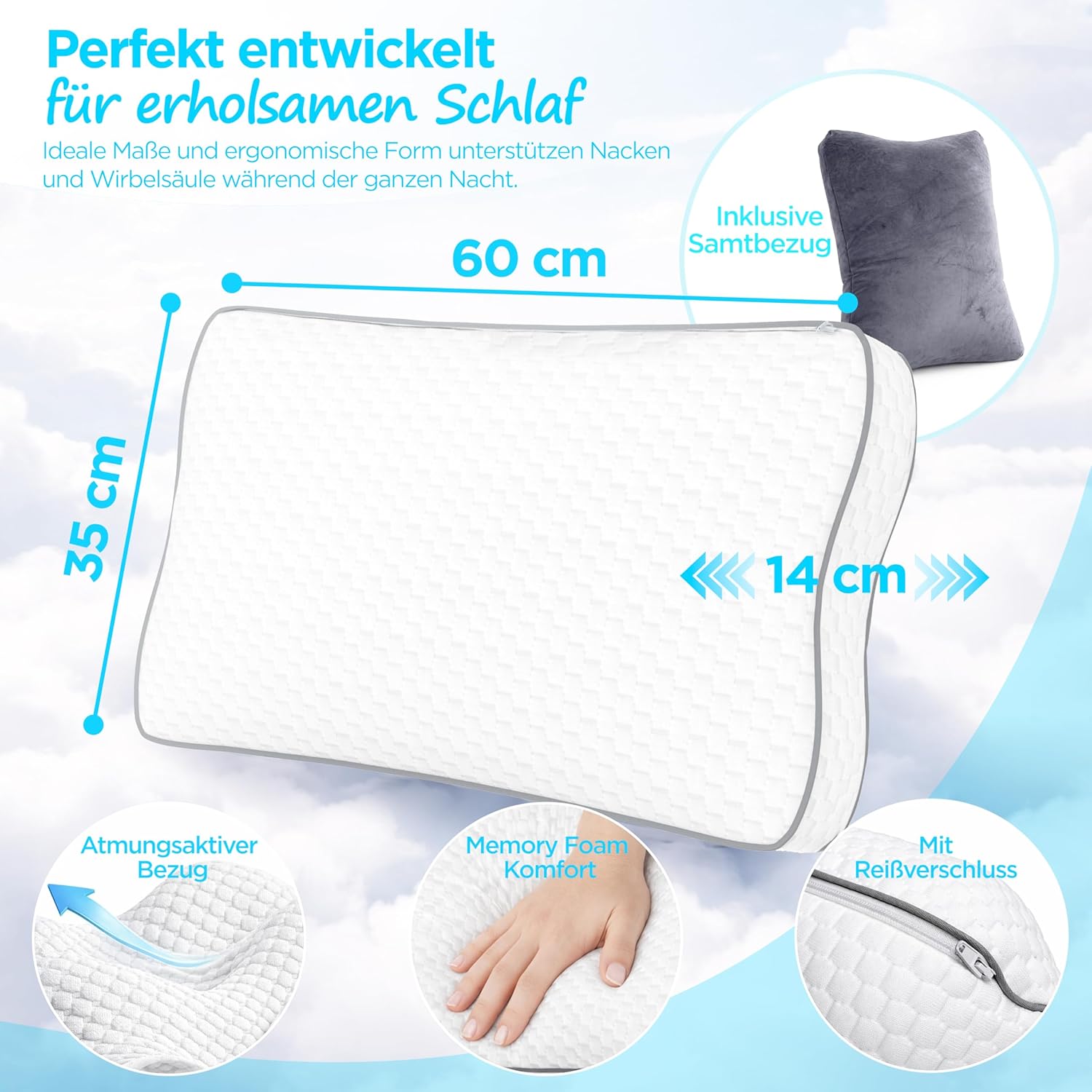Anti-Schnarch-Kissen 60 x 35 cm – Seitenschläferkissen mit Memory-Schaum-Füllung – ergonomisches Kissen – Premium-Nackenstützkissen – orthopädisches Kissen – bequemes Schlafkissen & Nackenkissen – Bild 2