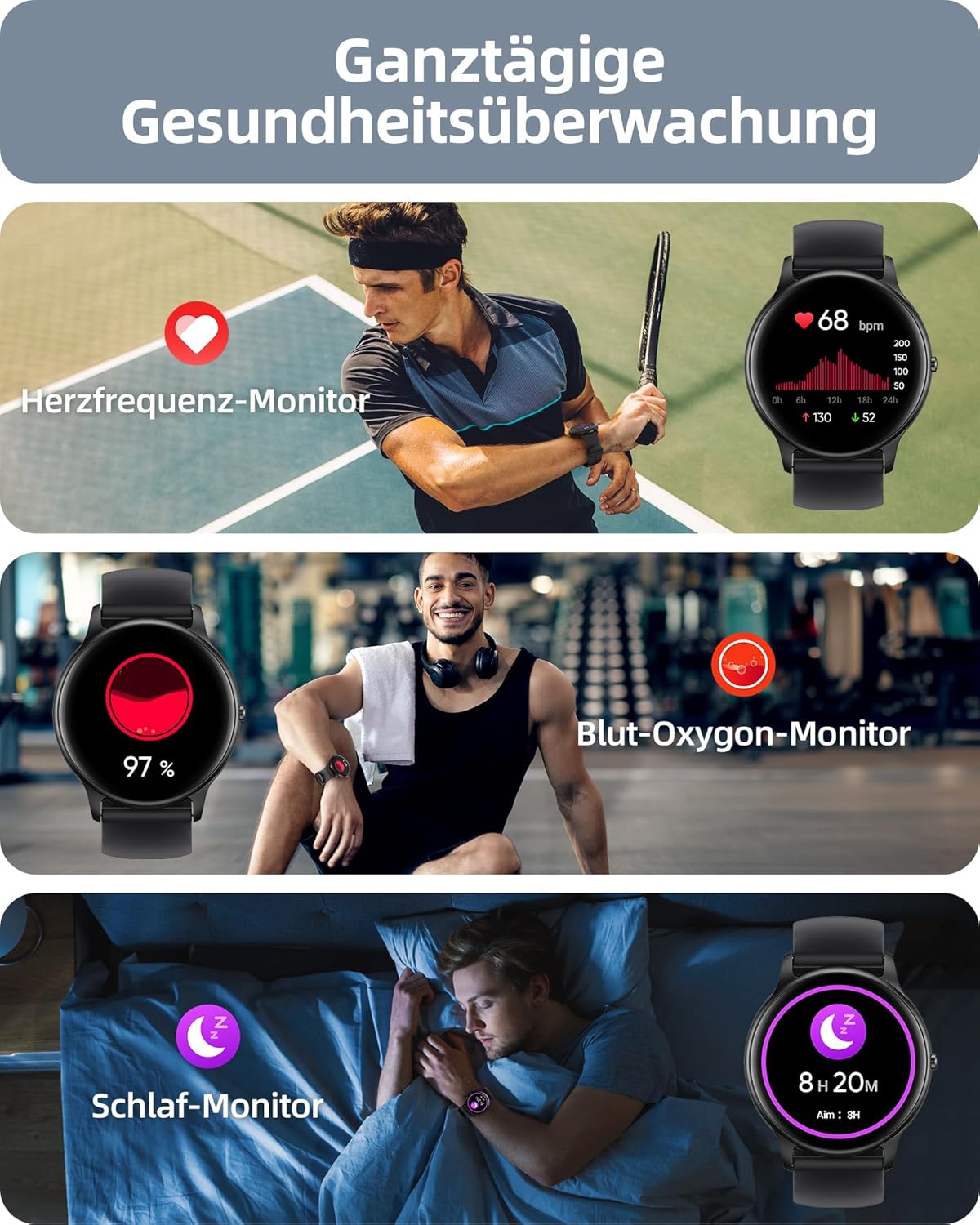 Parsonver SPROD1 Herren Smartwatch mit Telefonfunktion, Fitnessuhr Damen Herren mit Schrittzähler, 100+ Sportmodi, IP68 Wasserdicht, Sportuhr mit Herzfrequenz-Schlafmonitor, für Android & iOS, Schwarz – Bild 5