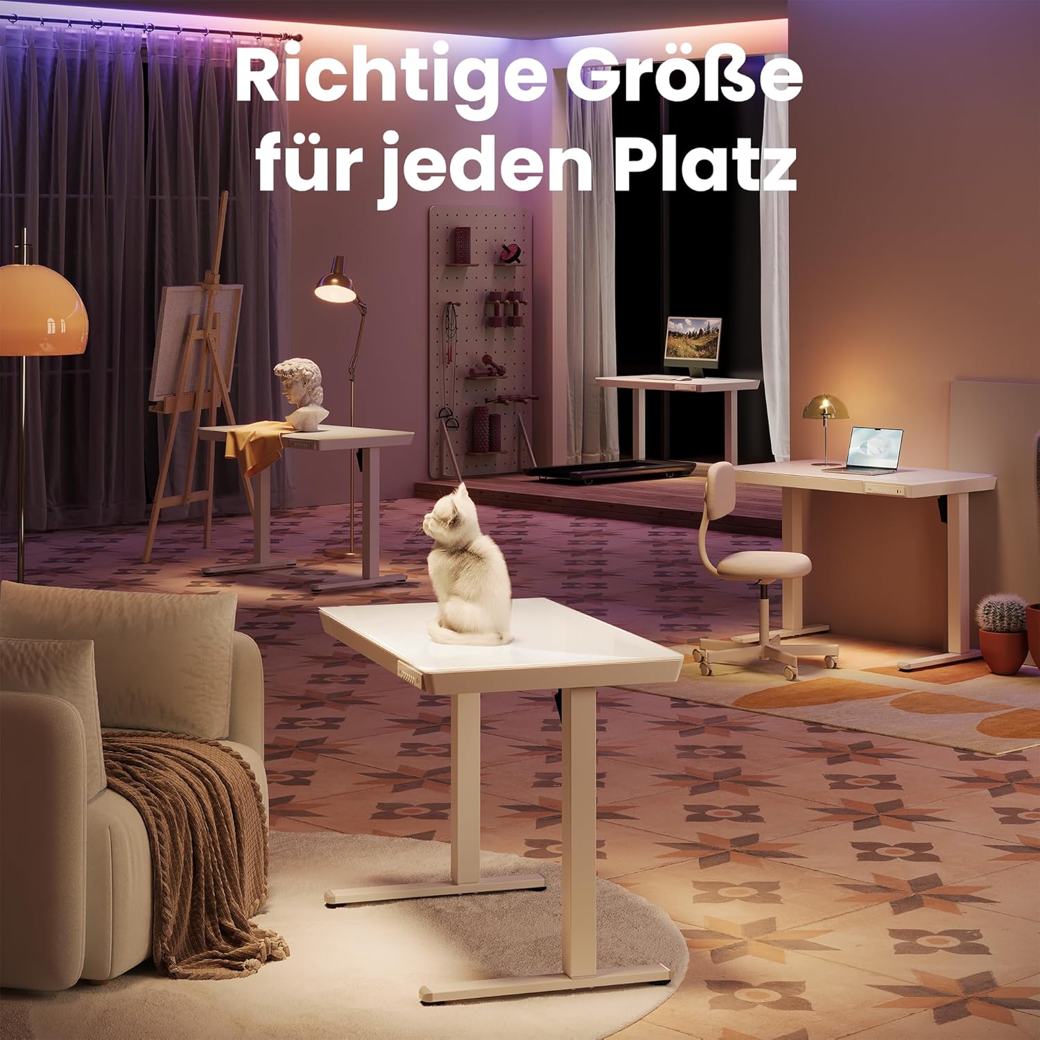 HUANUO 88 x 50 cm höhenverstellbarer Schreibtisch aus Glas mit Schublade, höhenverstellbarer Schreibtisch, ganze Tischplatte, USB-Ladeanschluss und 3 Speicherfunktionen, Weiß – Bild 2