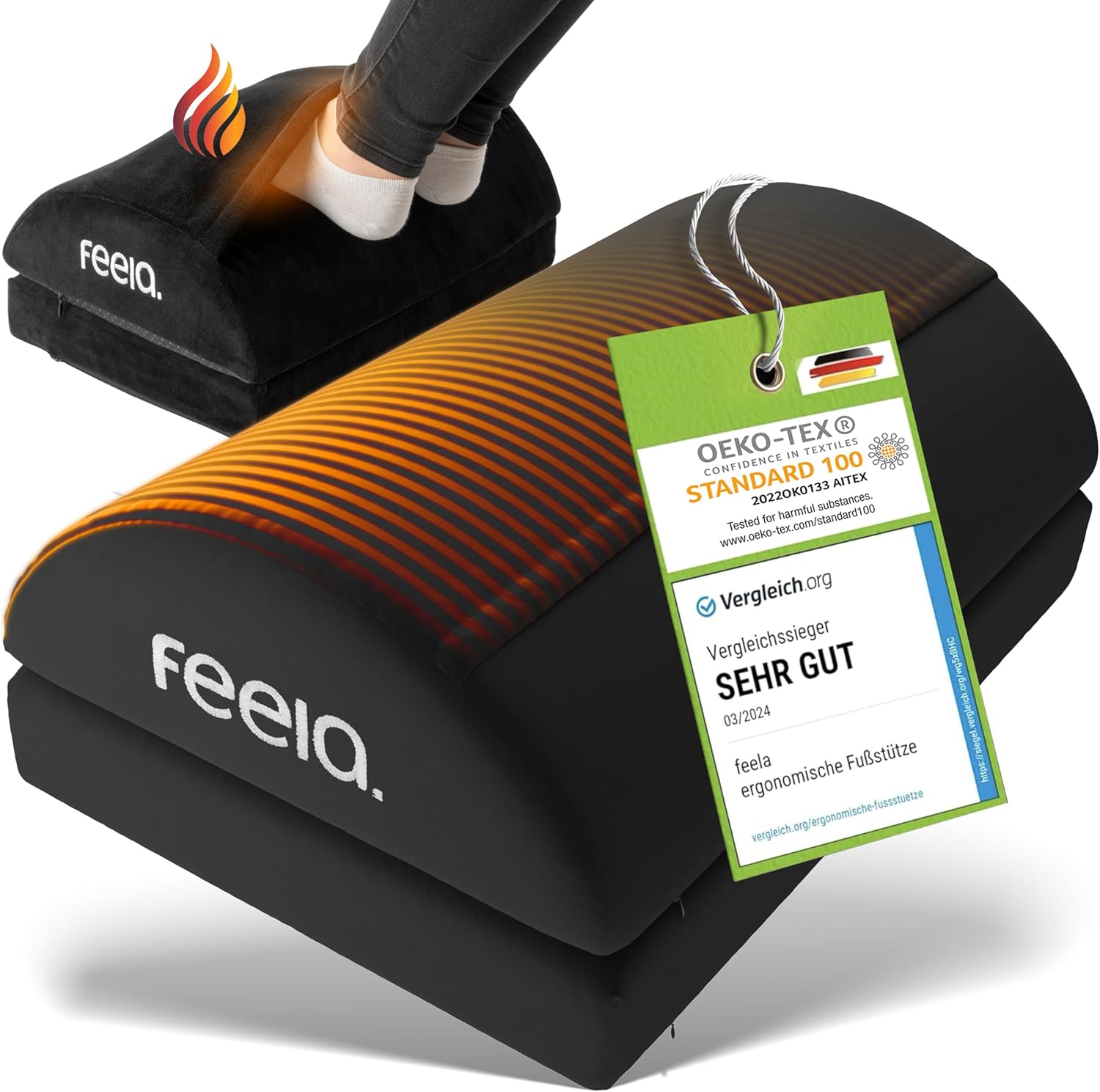 Feela. Fußstützen-Schreibtisch (Vergleichssieger) – Ergonomischer Fußhocker mit Premium-Schaumstoffkern & integriertem Wärmekissen – rutschfest, höhenverstellbar, Schreibtischzubehör (schwarz)