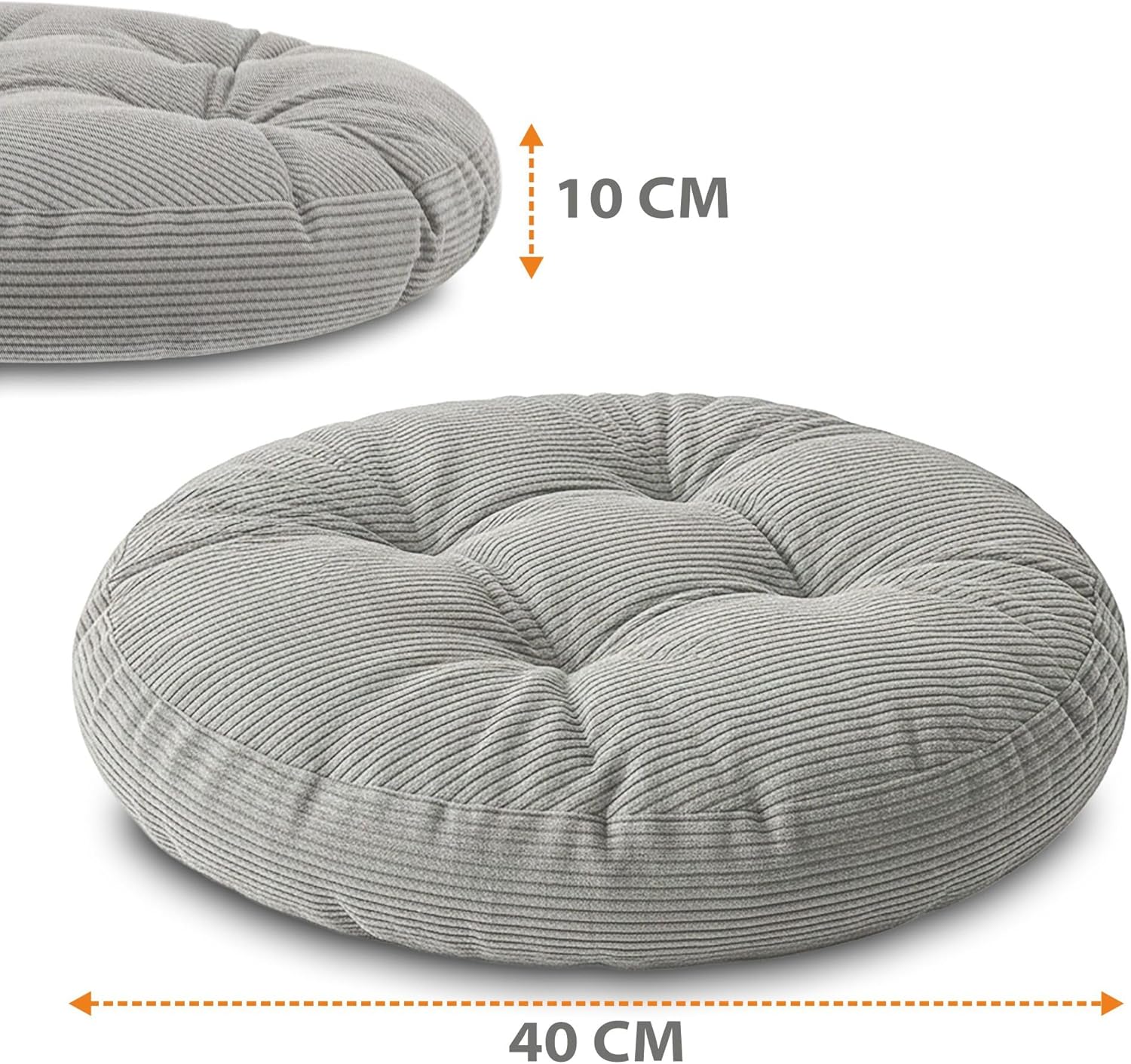 Amazinggirl Sitzkissen Stuhlkissen rund 40 cm – rundes Cord-Stoffkissen, Sitzkissen für Stuhl, Bürostuhl, Bank, Eckbank, Bodenkissen, weiches Sitter, flauschige Kordel, Grau – Bild 2