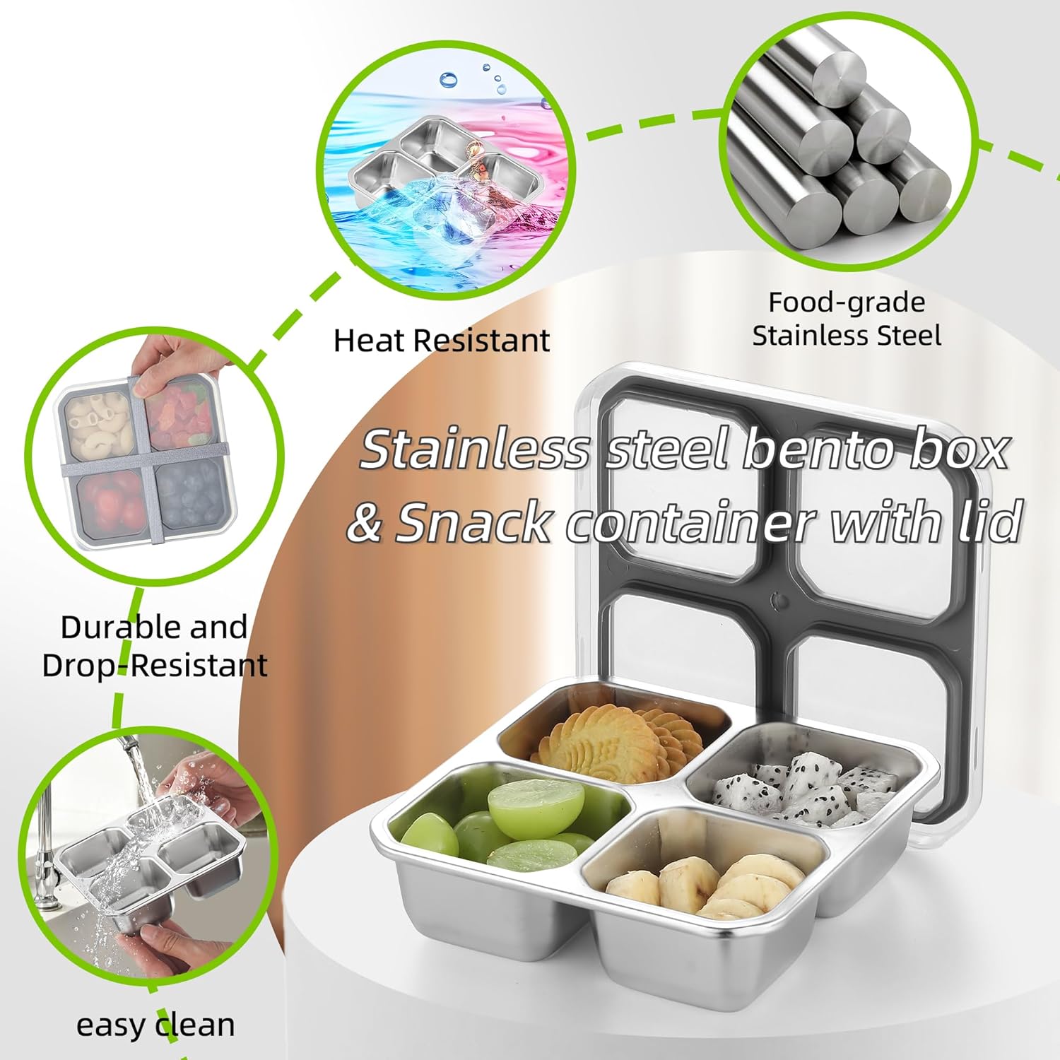 Misichao Snackbehälter, Snackbox Kinder mit 4 Fächern, Edelstahl-Brotdose mit grauem Deckel, wiederverwendbarer Meal-Prep-Lunchbehälter für Kinder und Erwachsene, für Schule, Arbeit – Bild 4