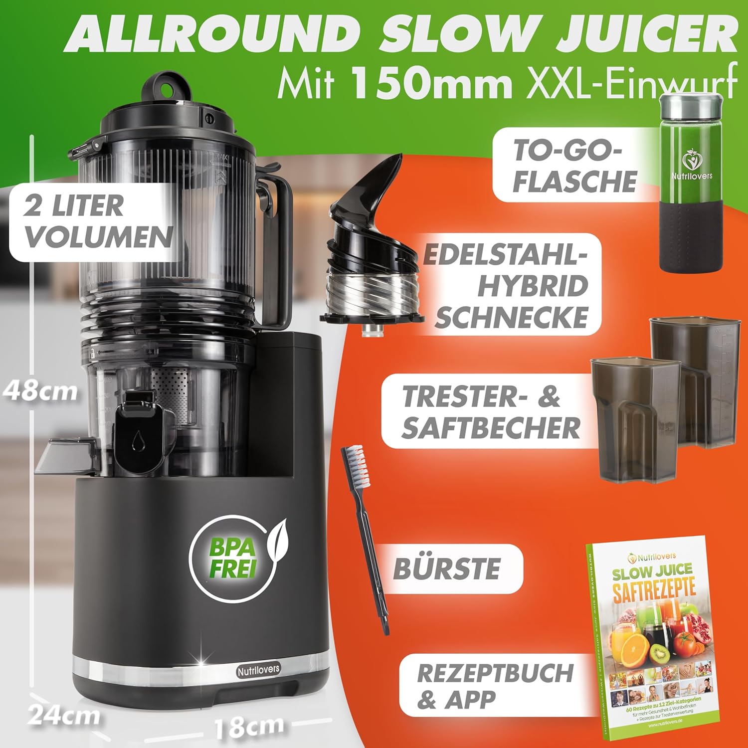 Nutrilovers Slow Juicer Nutri-Press Max Ganzfrucht-Entsafter mit XXL-150-mm-Öffnung, BPA-frei, inklusive Saftflasche, Slow-Juice-Rezeptbuch – Bild 3