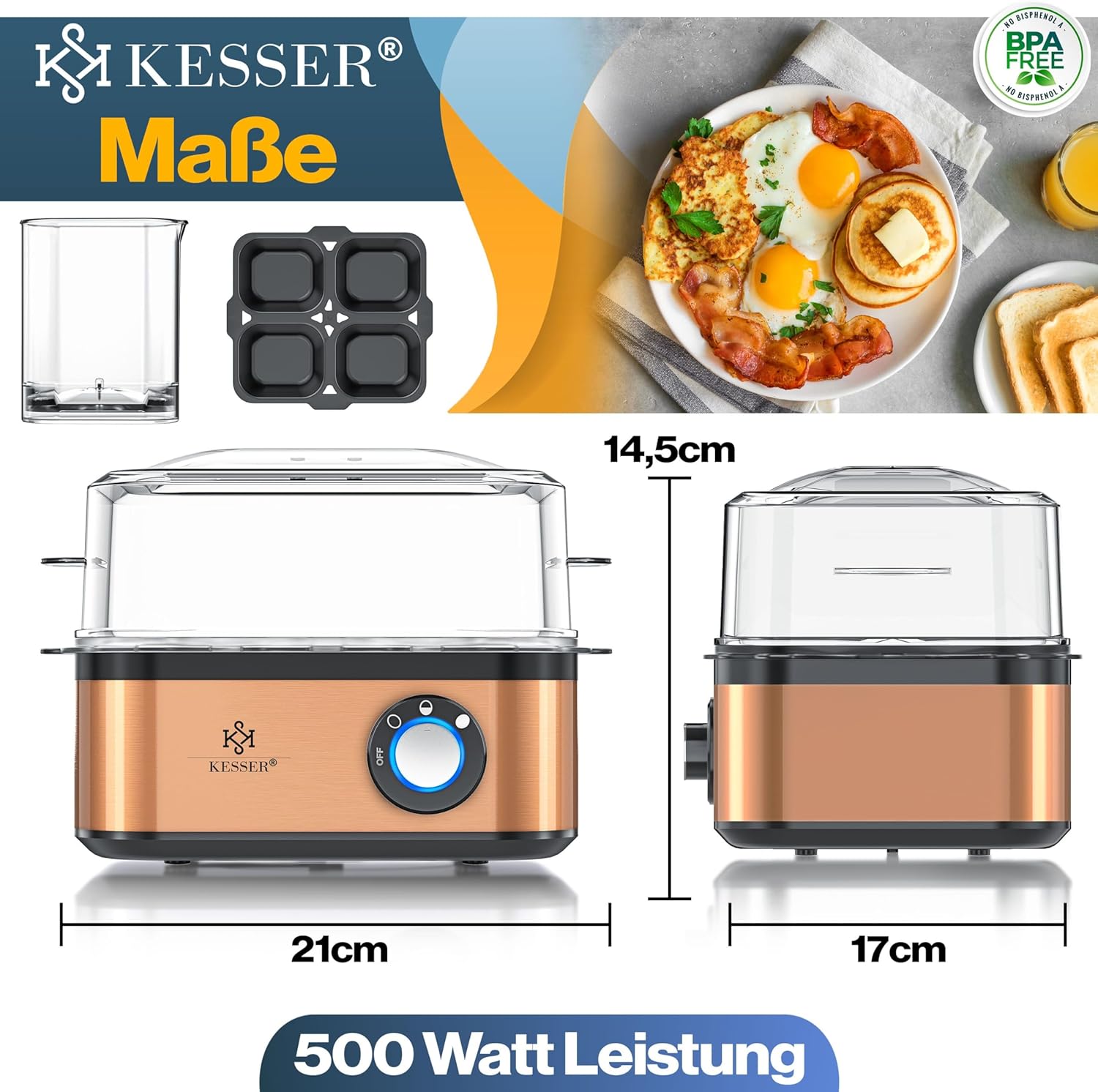 KESSER Eierkocher für 1 bis 8 Eier, elektrisch, Edelstahl, 500 W, Warmhaltefunktion, LED-Drehschalter, drei Härtegrade, BPA-frei und spülmaschinenfest, Messbecher, Eierhalter und Omlette-Schüssel, Kupfer – Bild 2
