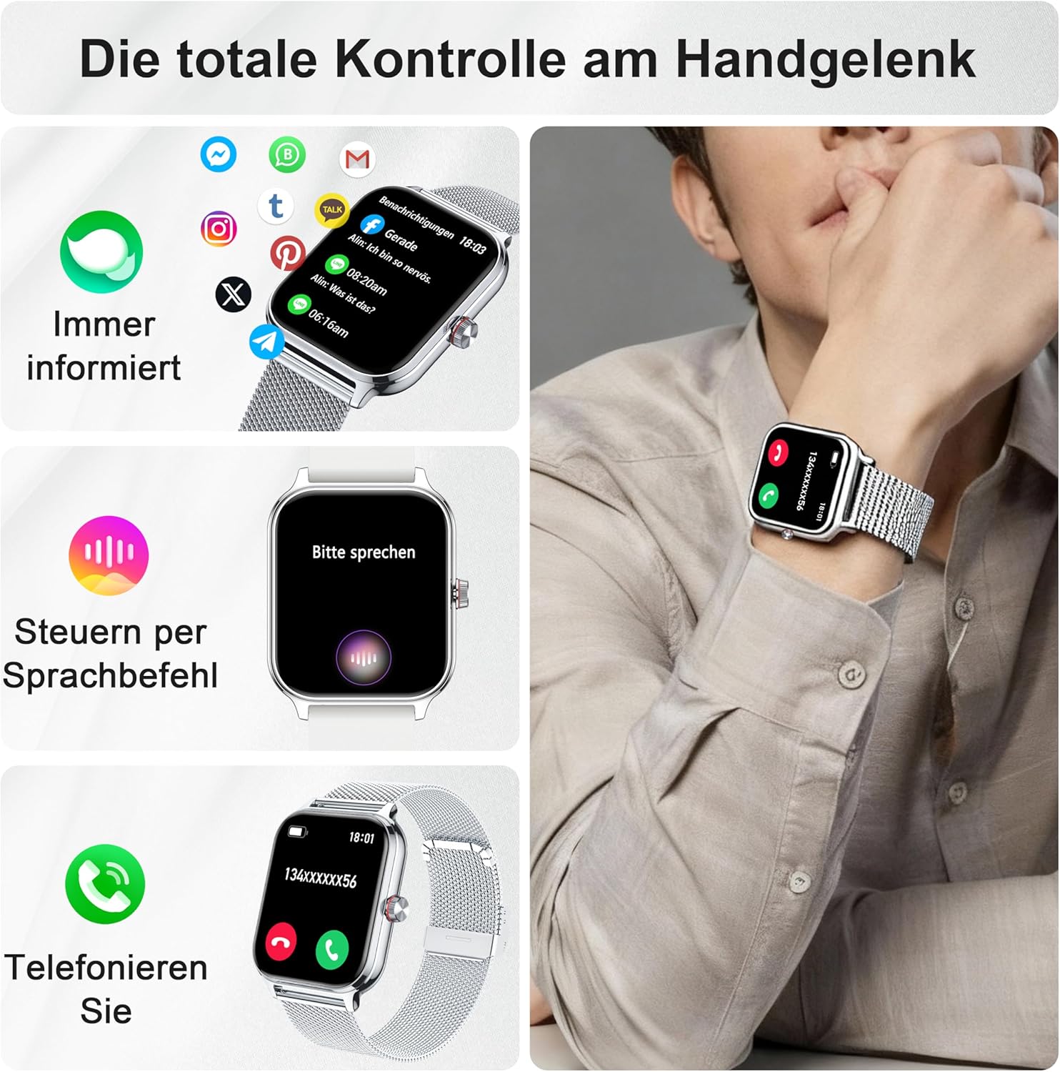LODIMEKE Smartwatch Herren Damen Telefonfunktion Blutdruck Herzfrequenz Schlaf 1,96 Zoll AI Fitnessuhr 100+ Sportmodi, IP67 Wasserdicht Schrittzähler Wecker Rechner Visitenkarte iOS Android – Bild 2
