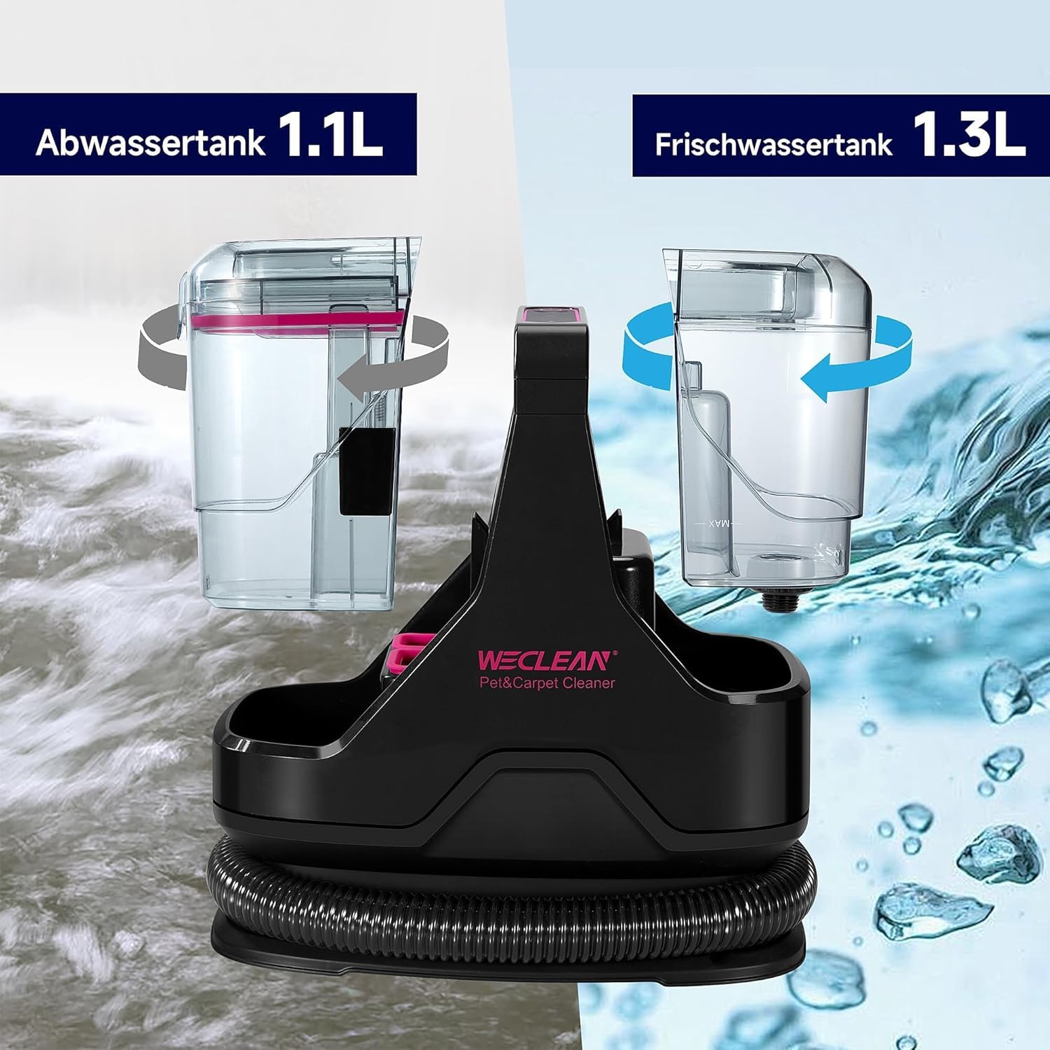 WECLEAN C3 Nasssauger Polsterreiniger Gerät Fleckenreiniger für Teppiche, Sofas, Treppen, Fenster, Spiegel, Polster, Autos, 600 Watt, 15 KPa, Schwarz/Rosa – Bild 4