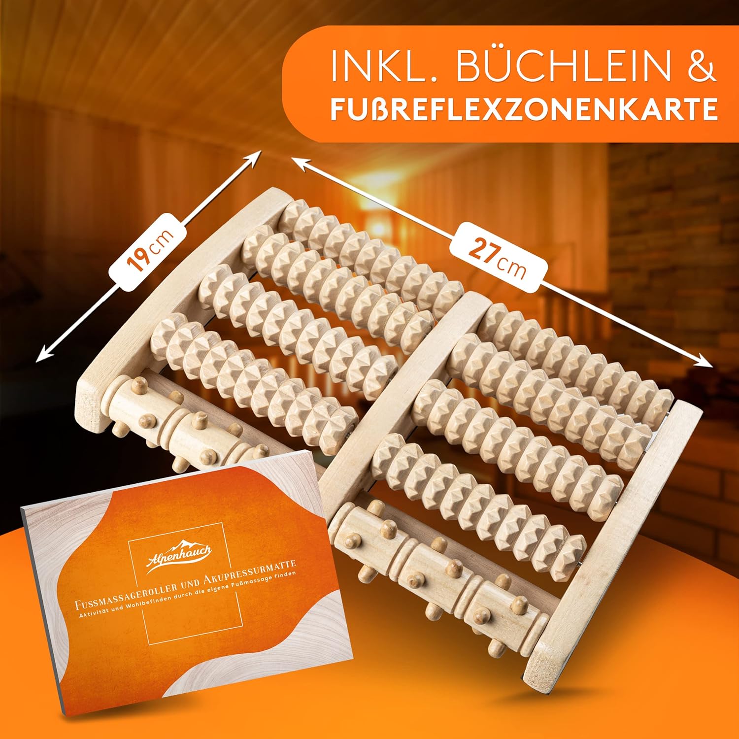 ALPENHAUCH – Fußmassageroller aus Echtholz mit Akupressurmatte – revitalisierendes Fußmassagegerät mit Noppen – stimulierender Fußmassageroller – Fußmassage bei Fersensporn und Plantarfasziitis – Bild 5