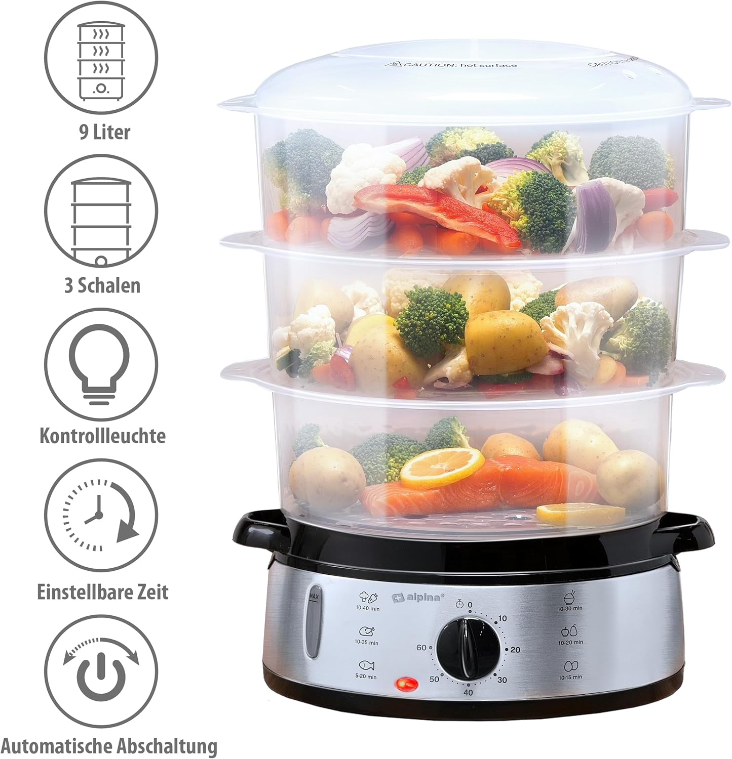 alpina Dampfgarer – Dampfmaschine 230 V/800 W – 3-lagiger Topf – BPA-frei – Dampftopf spülmaschinenfest – in 0 bis 60 Minuten einsatzbereit – 9 Liter Fassungsvermögen – Kunststoff/RVS – Grau – Bild 3