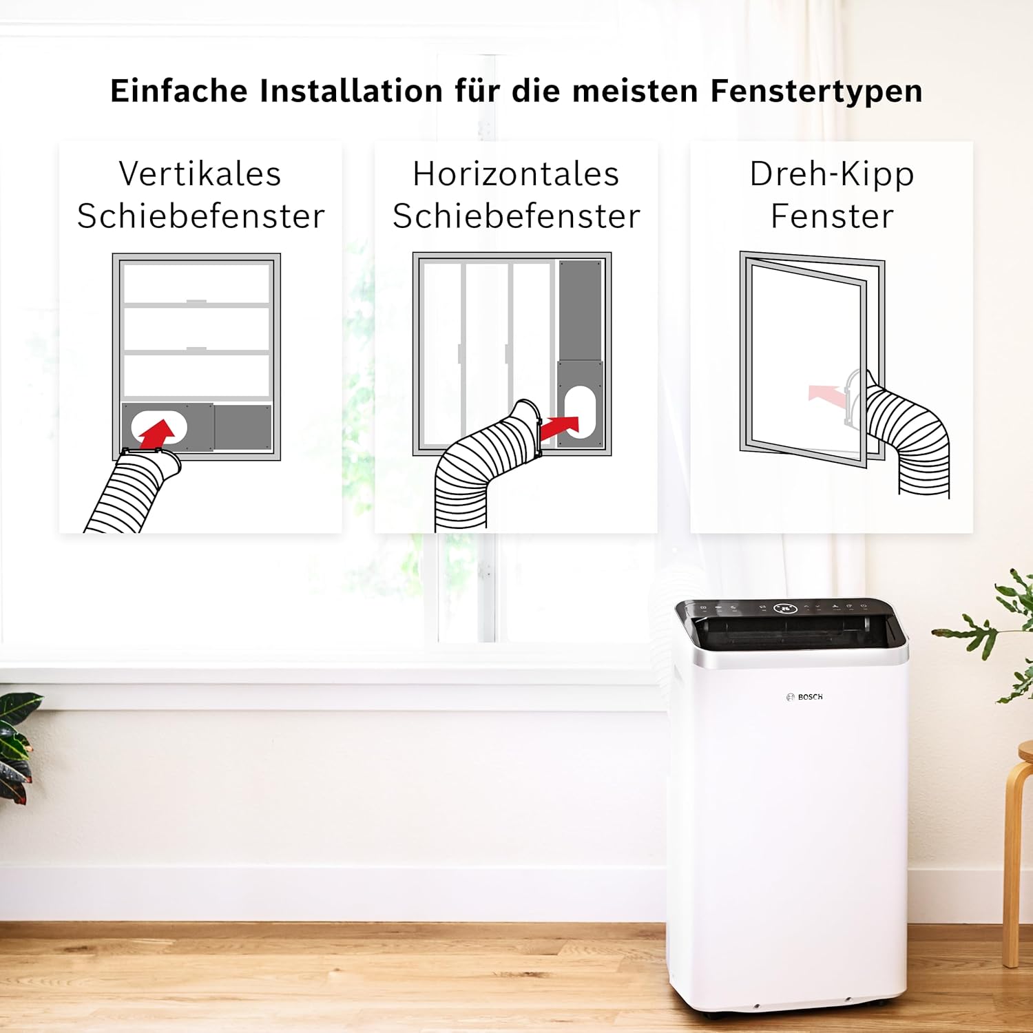 Bosch Cool 4000 Mobiles Klimagerät, 3-in-1-Klimagerät, Luftentfeuchter, Ventilator, 2,6 kW für Räume bis 35 m², mit Auto-Modus, Silent-Modus, Schlafmodus – Bild 6