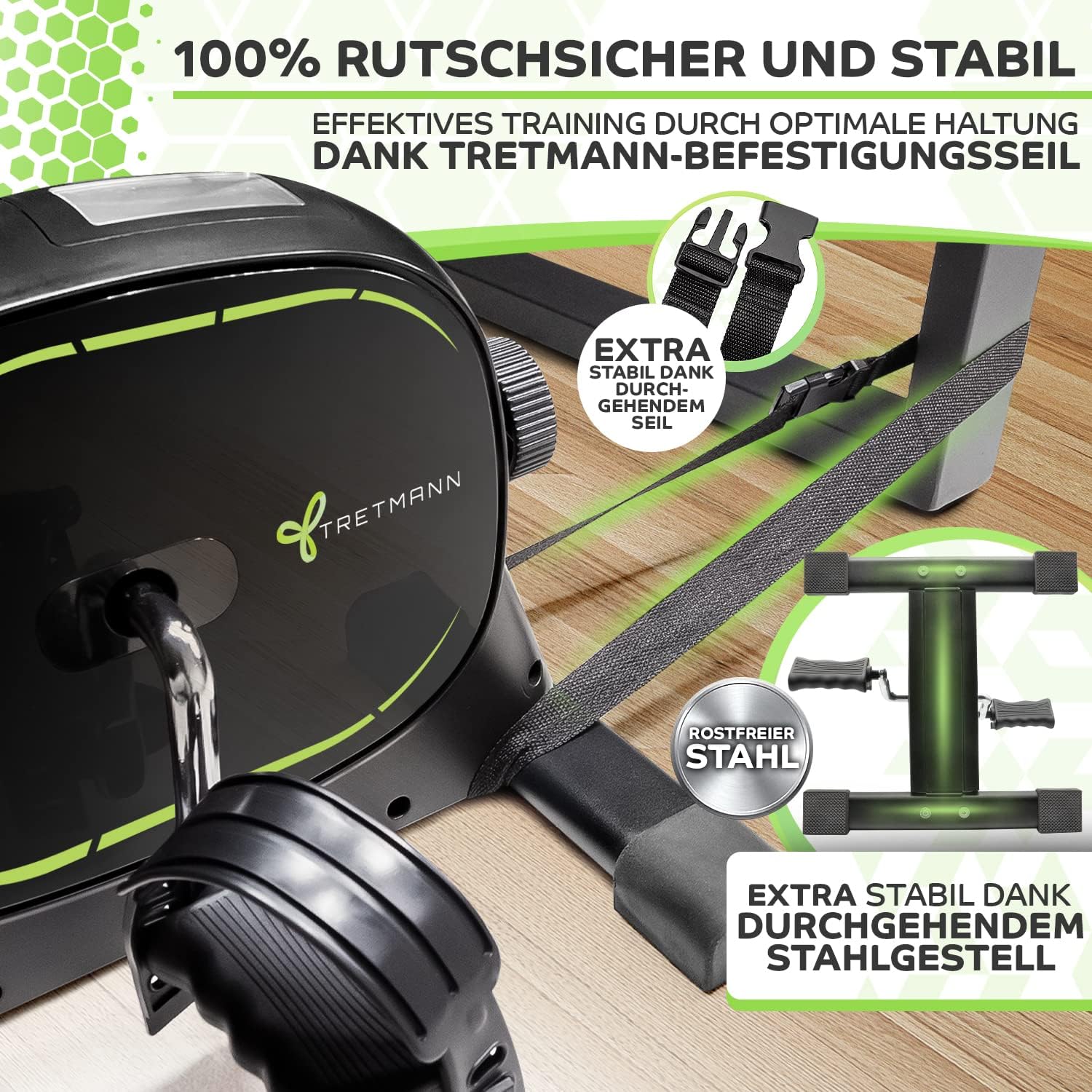 Tretmann Tretmann Basic Pedaltrainer-Set – extra stabil & leise – inklusive Befestigungsgurt – Dekra-geprüfter Beintrainer für Senioren, Heimtrainer, Minibike, schwarz, grün – Bild 3