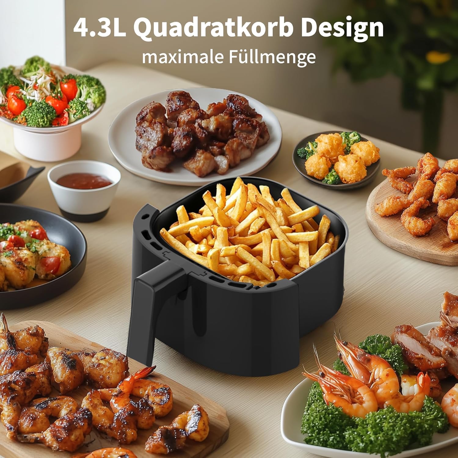 aeco Compact AirFryer 4,3 Liter Heißluftfritteuse mit digitalem Touch-Display, 1500 Watt, 80°-200° verstellbar, 8 Programme, inklusive Rezeptbuch – Bild 4