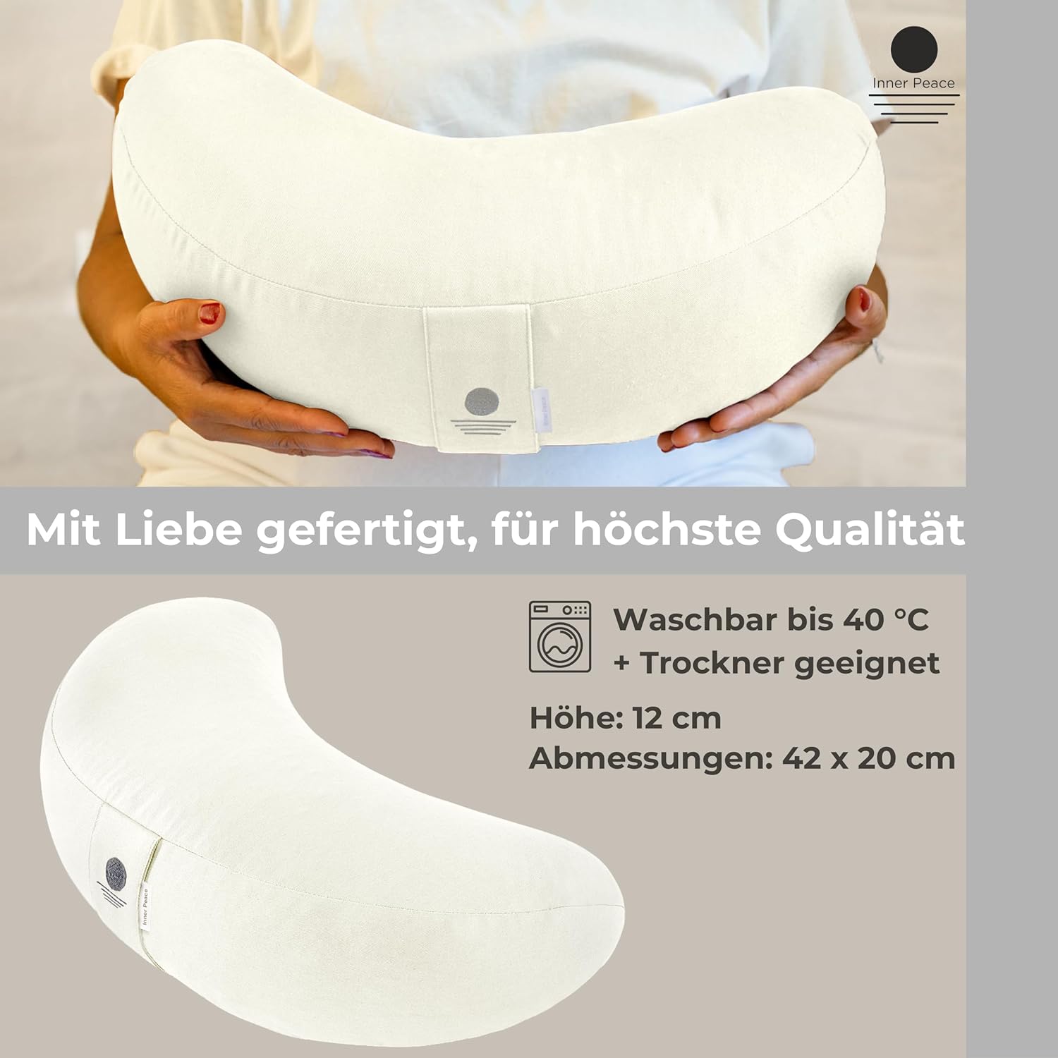 Inner Peace Halbmond-Yogakissen, Meditationskissen, hochwertiger Bezug aus 100 % Baumwolle, Yogakissen, Halbmondform mit Bio-Dinkelspelz, Halbmondkissen (natürlich) – Bild 5