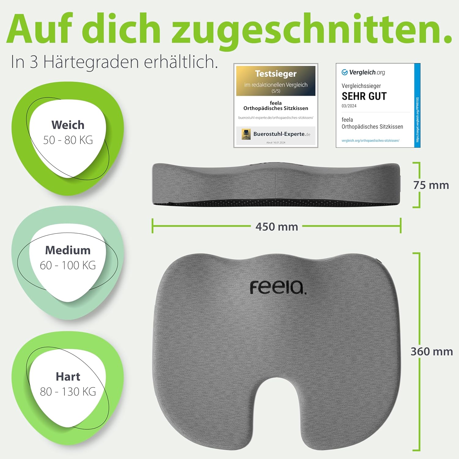 Feela.® Orthopädisches Sitzkissen, 3 Härtegrade, ergonomisches Sitzkissen für Bürostuhl etc., lindert Schmerzen, erhöht den Sitzkomfort, fördert die Durchblutung und entlastet das Steißbein, mittel – Bild 2