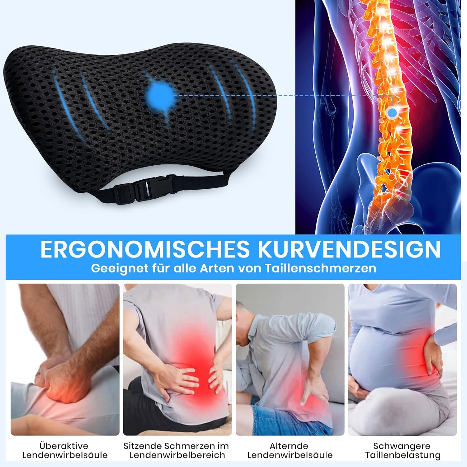 Lendenkissen-Rückenlehne, Lendenstützkissen für Bürostuhl und Autositz, Memory-Schaum-Rückenstützkissen, verstellbarer Gurt, Lendenkissen ergonomisch für Autositze, Bürostuhl – Bild 4